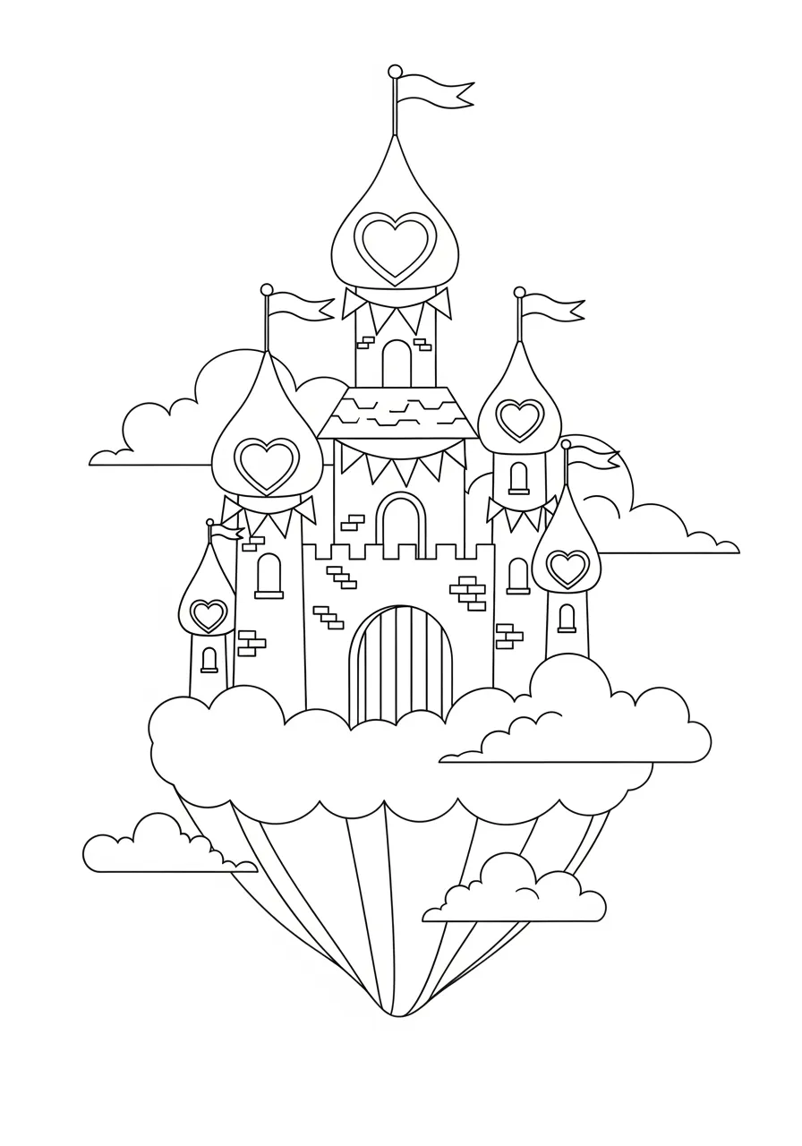 Valentine Castle in the Clouds Coloring Page -- prompt: "black lines only Fun coloring book style illustration of a magical fairy-tale castle with bold heart-shaped towers floating among puffy clouds, decorated with triangular heart flags, thick black outlines, simple shapes perfect for children to color flat black lines, premium coloring page, coloring sheet, line drawing, Coloring Book, NO COLOR, NO SHADING, WHITE BACKGROUND. NO GRAY, BLACK AND WHITE, NO COLOR" -- A fairy-tale castle with heart-shaped towers floats majestically among puffy clouds in this romantic fantasy scene. Flags bearing heart symbols flutter from the turrets, while a winding staircase of clouds leads to the castle entrance. This magical design sparks imagination and appeals to dreamers of all ages.