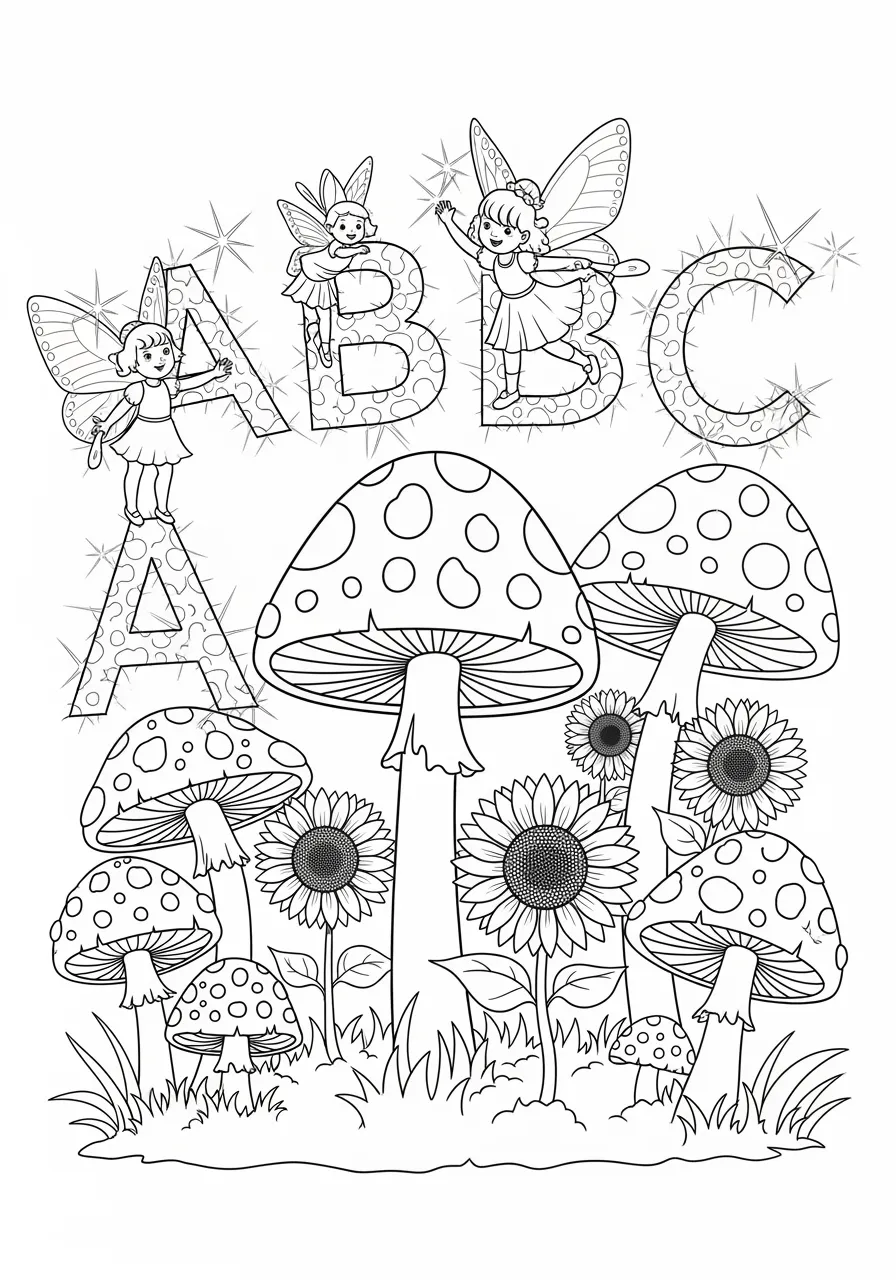 Enchanted Forest Fairy Alphabet Coloring Page -- prompt: "black lines only Cheerful fairy children with butterfly wings spell out ABC letters, dancing between giant spotted toadstools and sunflowers, crystal dewdrops catching rainbow light, thick black outlines, simple shapes perfect for coloring, magical woodland adventure scene flat black lines, premium coloring page, coloring sheet, line drawing, Coloring Book, NO COLOR, NO SHADING, WHITE BACKGROUND. NO GRAY, BLACK AND WHITE, NO COLOR" -- Enter a magical woodland where tiny fairies arrange themselves to form each letter of the alphabet! These delicate creatures flutter among mushrooms, flowers, and dewdrops to create living letters. This whimsical coloring page sparks imagination while teaching the alphabet through fantasy and nature, perfect for children who believe in magic.