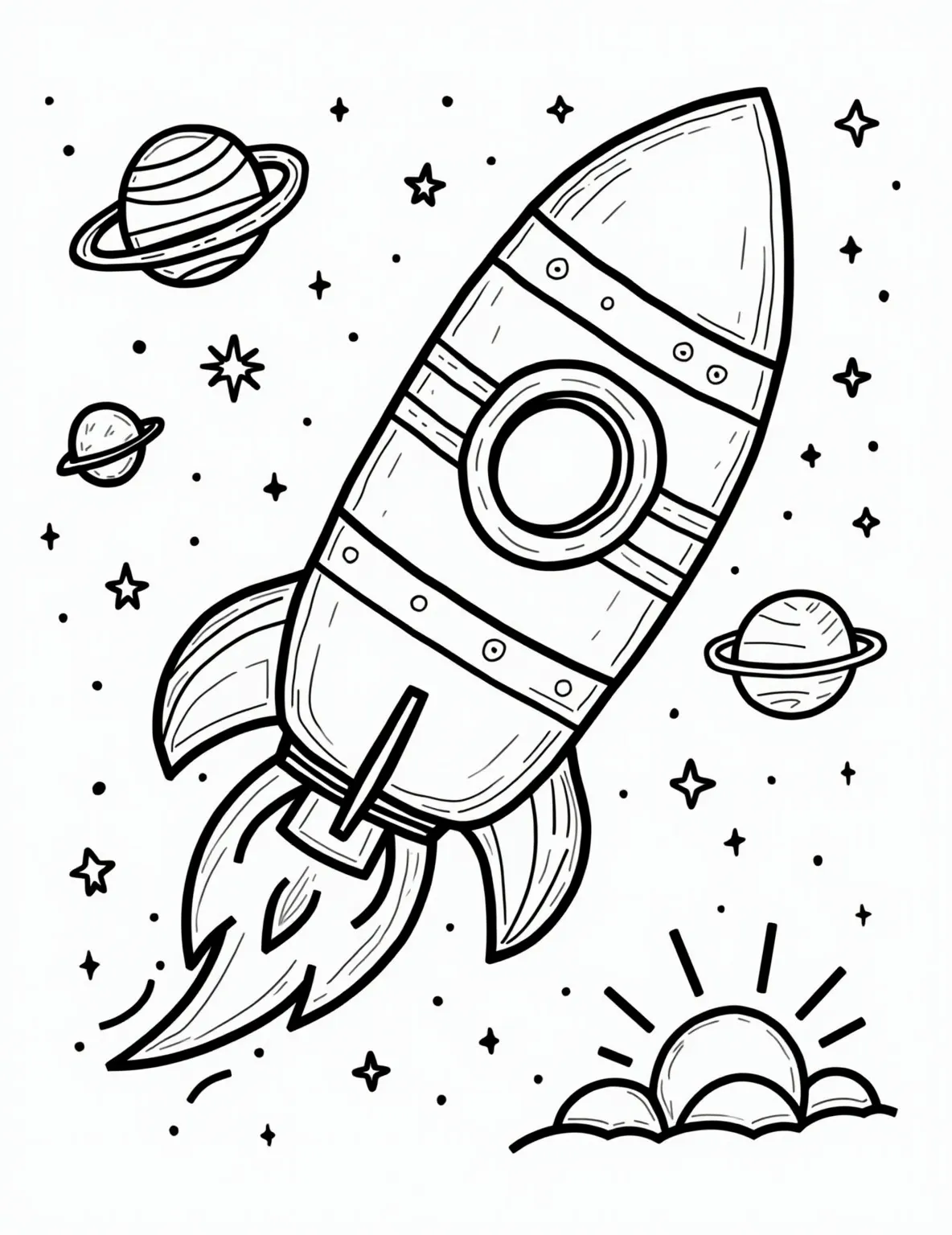 Rainbow Rocket Space Adventure Coloring Page -- prompt: "black lines only Cheerful rocket ship with bold rainbow stripes, thick black outlines. Simple, rounded planets and stars scattered around. Curvy flame trail beneath. Smiling sun in corner. Empty spaces for coloring. Playful galaxy swirls. Child-friendly design with large, easy-to-color shapes. Fun coloring book style coloring page. flat black lines, premium coloring page, coloring sheet, line drawing, Coloring Book, NO COLOR, NO SHADING, WHITE BACKGROUND. NO GRAY, BLACK AND WHITE, NO COLOR" -- Blast off into a cosmic adventure with this coloring page featuring a rocket ship decorated with rainbow stripes. Stars, planets, and swirling galaxies surround the rocket, creating an exciting space scene. Perfect for aspiring astronauts and sci-fi fans.