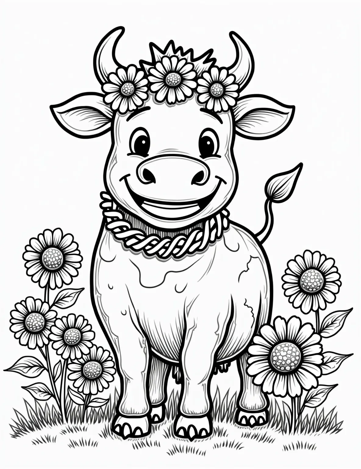 Cow in a Flower Crown -- prompt: "black lines only Joyful bovine with exaggerated smile, adorned in vibrant daisy chain crown. Standing proudly in lush meadow, surrounded by oversized flowers and grass. Bold outlines define each element. Dotted patterns and swirls fill empty spaces. Cheerful, simple design perfect for coloring. flat black lines, premium coloring page, coloring sheet, line drawing, Coloring Book, NO COLOR, NO SHADING, WHITE BACKGROUND. NO GRAY, BLACK AND WHITE, NO COLOR" -- This whimsical coloring page features a cow wearing a beautiful flower crown. The cow's serene expression and the intricate details of the flowers provide a delightful coloring experience. It's a perfect blend of farm life and fantasy.