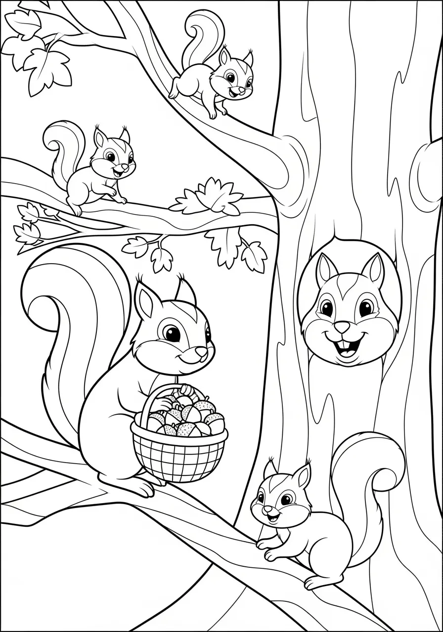 Curious Squirrel Family Tree House Coloring Page -- prompt: "black lines only Cheerful squirrel family with bushy tails playing around massive oak tree trunk, mama squirrel gathering acorns in woven basket, baby squirrels climbing branches, papa squirrel peeking from hollow, bold black outlines, simple shapes perfect for coloring flat black lines, premium coloring page, coloring sheet, line drawing, Coloring Book, NO COLOR, NO SHADING, WHITE BACKGROUND. NO GRAY, BLACK AND WHITE, NO COLOR" -- This delightful family of squirrels has made their home in a large oak tree with acorns scattered about. The different sized squirrels and detailed tree bark offer various coloring challenges for different skill levels. Kids will love learning about how squirrels prepare for winter and build their homes.