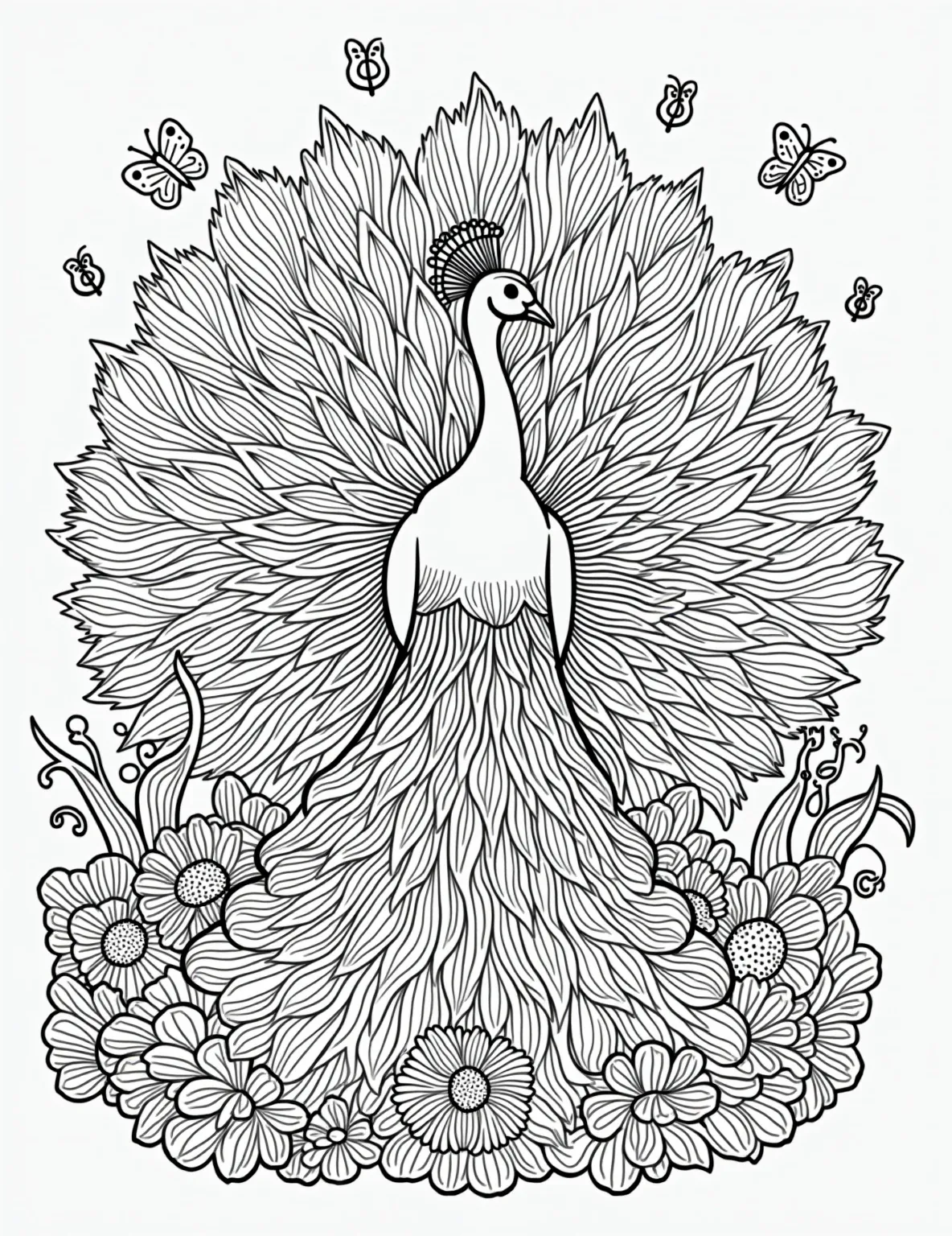 Magnificent Peacock Display Coloring Page -- prompt: "black lines only Playful peacock outline for coloring, tail feathers spread wide like a royal fan. Garden scene with simple flower shapes and curvy vines. Bold, chunky lines perfect for filling with vibrant hues. Whimsical butterflies and ladybugs add charm. Fun, easy-to-color design flat black lines, premium coloring page, coloring sheet, line drawing, Coloring Book, NO COLOR, NO SHADING, WHITE BACKGROUND. NO GRAY, BLACK AND WHITE, NO COLOR" -- Unleash a rainbow of colors with this stunning peacock coloring page. The male peacock's impressive feather display offers a chance to use a vibrant palette. Perfect for those who love intricate designs and colorful birds.