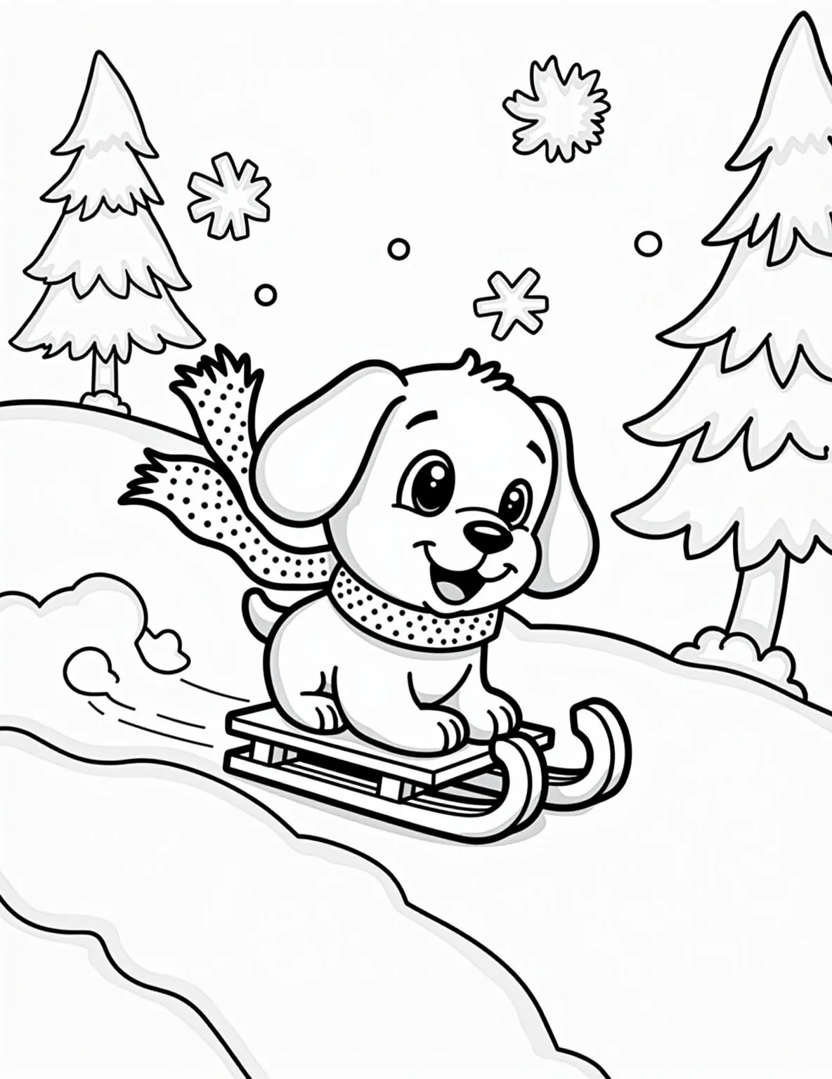 Puppy's Snowy Sledding Adventure Coloring Page -- prompt: "black lines only Playful puppy glides down snowy hill on sled, oversized scarf fluttering. Bold outlines frame fluffy snowflakes, pine trees with exaggerated branches. Simple shapes for easy coloring. Joyful expression on pup's face. Hill curves gently, inviting creative color choices. Cheerful winter scene awaits imagination. flat black lines, premium coloring page, coloring sheet, line drawing, Coloring Book, NO COLOR, NO SHADING, WHITE BACKGROUND. NO GRAY, BLACK AND WHITE, NO COLOR" -- Zoom down the hills with this exhilarating winter puppy coloring page! A brave little pup rides a sled down a snowy slope, scarf flying in the wind. Snow-covered trees, a few snowflakes, and a bright winter sun complete this thrilling cold-weather scene.