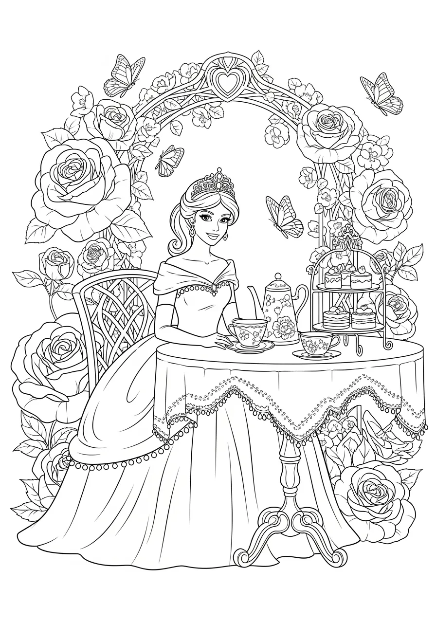 Princess Tea Party in Royal Garden Coloring Page -- prompt: "black lines only Fun coloring book style princess with flowing gown and tiara sits at ornate garden tea table, surrounded by large blooming roses, butterflies, teacups, cake stands, garden archway, bold black outlines, simple shapes for easy coloring flat black lines, premium coloring page, coloring sheet, line drawing, Coloring Book, NO COLOR, NO SHADING, WHITE BACKGROUND. NO GRAY, BLACK AND WHITE, NO COLOR" -- Join this delightful princess for an outdoor tea party in her beautiful royal garden. The scene includes an ornate table set with teacups, a teapot, and delicious treats. Blooming flowers, garden paths, and a decorative gazebo create the perfect backdrop for this charming afternoon scene.
