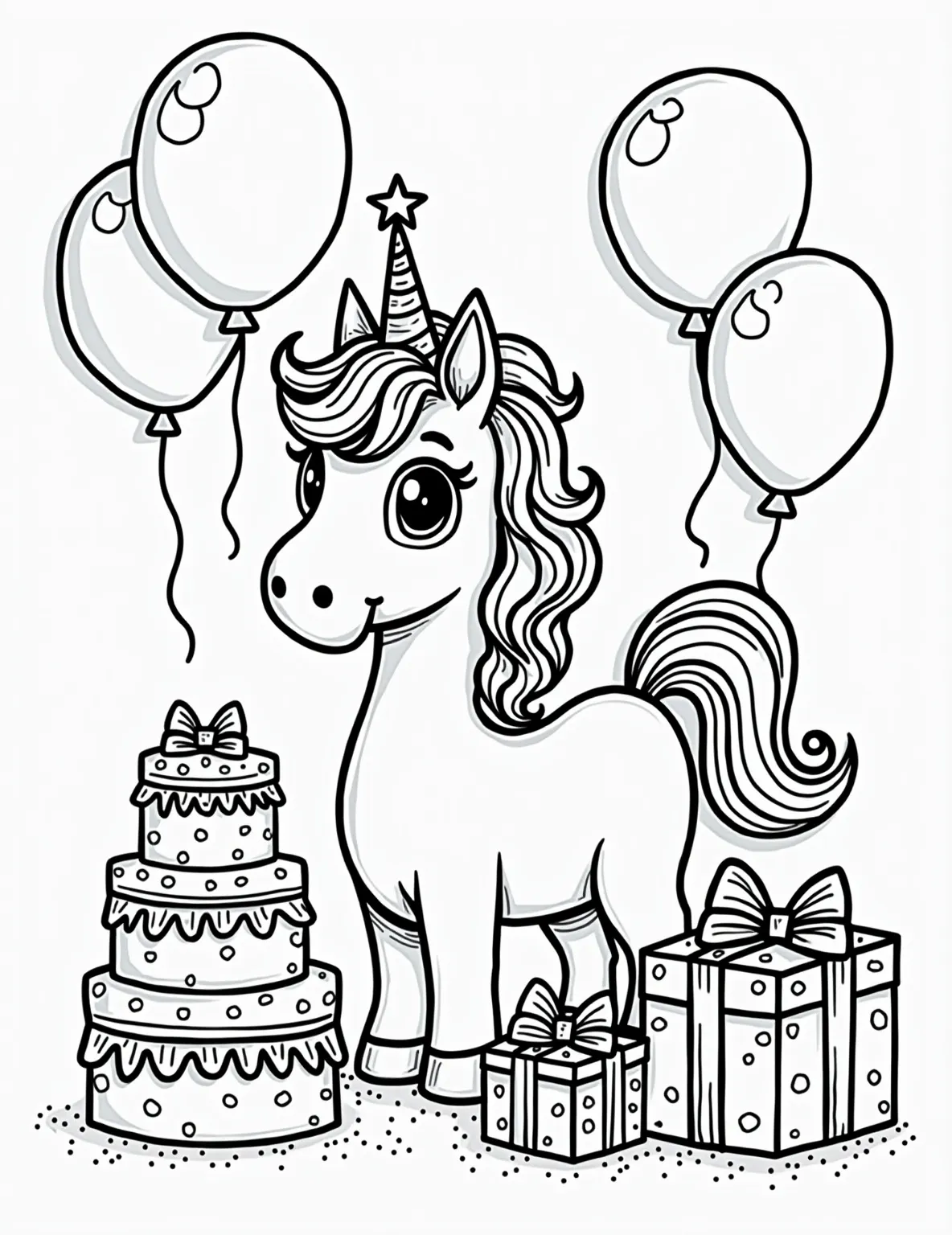 Unicorn's Birthday Bash -- prompt: "black lines only Cheerful unicorn sporting sparkly party hat, mane swirling with confetti. Surrounded by bold, outlined balloons, tiered birthday cake with candles, and gift boxes with ribbons. Simple, thick lines perfect for coloring. Playful scene exudes joy and celebration. Background features flat black lines, premium coloring page, coloring sheet, line drawing, Coloring Book, NO COLOR, NO SHADING, WHITE BACKGROUND. NO GRAY, BLACK AND WHITE, NO COLOR" -- This festive coloring page depicts a unicorn celebrating its birthday surrounded by party elements. Simple balloon shapes, a cake with candles, and gift boxes with basic outlines make this page easy and fun for toddlers to color. It's perfect for celebrating birthdays or any special day.