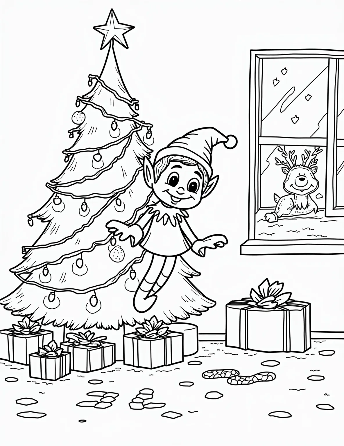 Elf's Christmas Light Tangle -- prompt: "black lines only Playful line art of mischievous Elf on Shelf entangled in twinkling Christmas lights, struggling with a cheeky grin. Nearby, a half-decorated tree with ornaments and tinsel awaits completion. Bold outlines perfect for coloring, capturing holiday joy and childlike wonder. flat black lines, premium coloring page, coloring sheet, line drawing, Coloring Book, NO COLOR, NO SHADING, WHITE BACKGROUND. NO GRAY, BLACK AND WHITE, NO COLOR" -- Oh no! Our poor Elf on the Shelf has gotten all tangled up in Christmas lights in this amusing coloring page. The elf's bewildered expression and the twinkling lights wrapped around him create a comical scene. In the background, a partially decorated Christmas tree adds to the festive chaos.