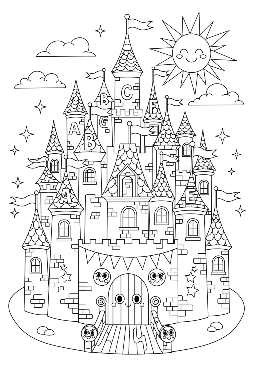 Magical Letter Castle Adventure Coloring Page -- prompt: "black lines only Fun coloring book style fairytale castle with alphabet-shaped towers A through Z, bold black outlines, simple geometric patterns, smiling sun overhead, puffy clouds, cheerful flags waving, friendly drawbridge faces, stars and hearts decorating walls, magical sparkles floating around flat black lines, premium coloring page, coloring sheet, line drawing, Coloring Book, NO COLOR, NO SHADING, WHITE BACKGROUND. NO GRAY, BLACK AND WHITE, NO COLOR" -- Enter a fairytale kingdom where each letter of the alphabet forms a magnificent castle tower! This enchanting coloring page features 26 unique castle structures, each cleverly designed to represent a different letter from A to Z. Perfect for young dreamers who love castles and princesses, this page combines architectural wonder with alphabet learning in a magical setting.
