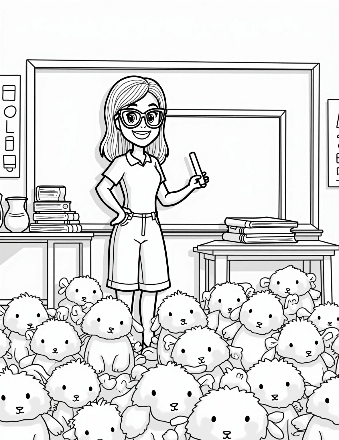 Teacher Girl's Classroom Fun -- prompt: "black lines only Cheerful girl teacher in oversized glasses stands at blackboard, chalk in hand. Smiling stuffed animals sit attentively in rows. Classroom bursts with bold, simple shapes: alphabet posters, giant numbers, and colorful geometric objects. Thick outlines define each element, ready for coloring. flat black lines, premium coloring page, coloring sheet, line drawing, Coloring Book, NO COLOR, NO SHADING, WHITE BACKGROUND. NO GRAY, BLACK AND WHITE, NO COLOR" -- Celebrate education with this heartwarming teacher girl coloring page. Our young educator is shown at the blackboard, teaching a math lesson to her stuffed animal students. The classroom is filled with educational posters and supplies, offering plenty of details to color.