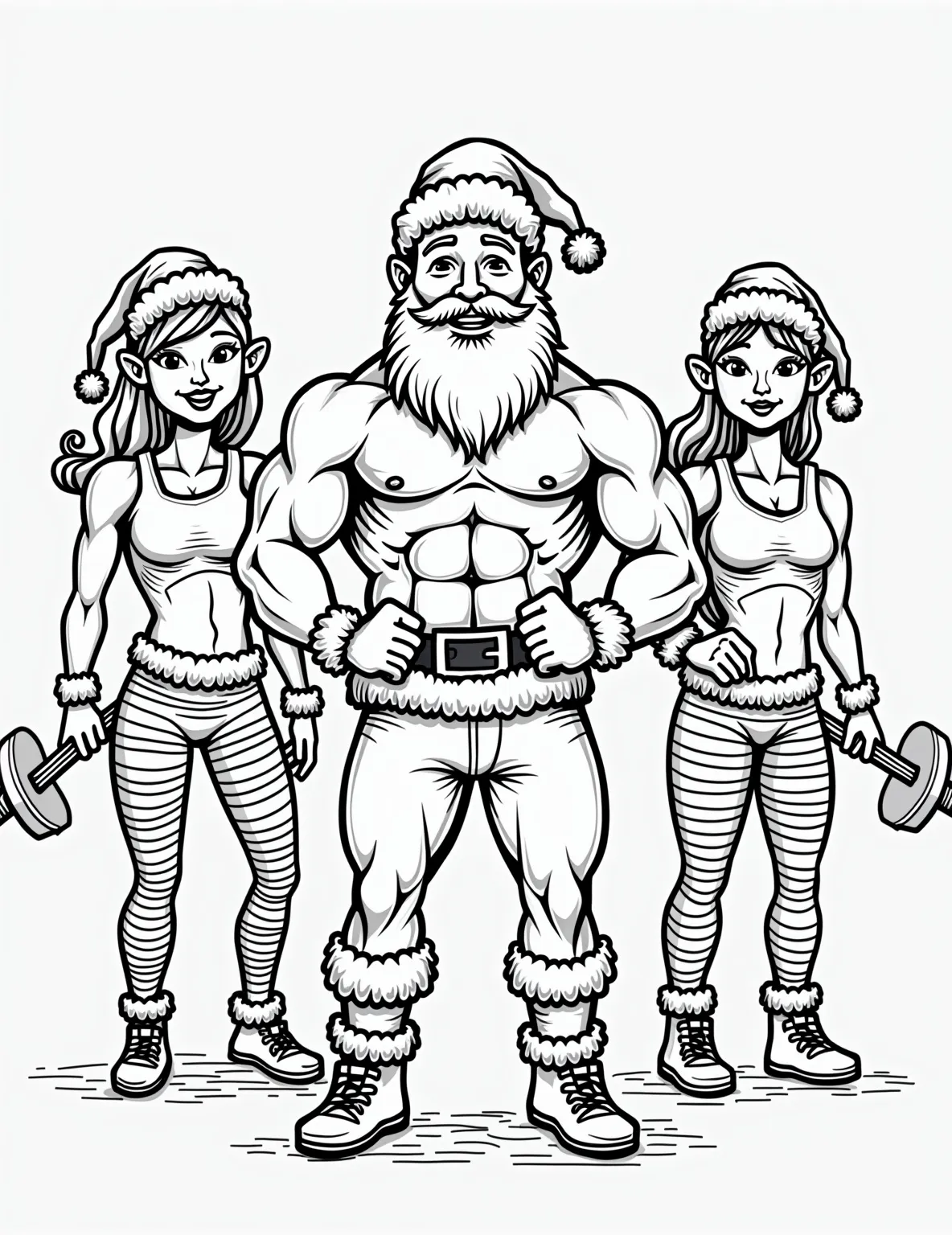 Santa's Fitness Boot Camp Coloring Page -- prompt: "black lines only Santa, muscular and jolly, leads festive fitness bootcamp. Elves in striped leggings do candy cane curls, ornament squats. North Pole gym equipment: tinsel jump ropes, gingerbread dumbbells. Reindeer cheer from sidelines. Bold outlines, simple shapes, ready for coloring. flat black lines, premium coloring page, coloring sheet, line drawing, Coloring Book, NO COLOR, NO SHADING, WHITE BACKGROUND. NO GRAY, BLACK AND WHITE, NO COLOR" -- It's time for Santa's annual fitness boot camp! Watch as Santa leads his elves through a series of festive exercises. Elves lift candy cane barbells, do jumping jacks in the snow, and practice chimney-climbing techniques to stay in shape for Christmas Eve.