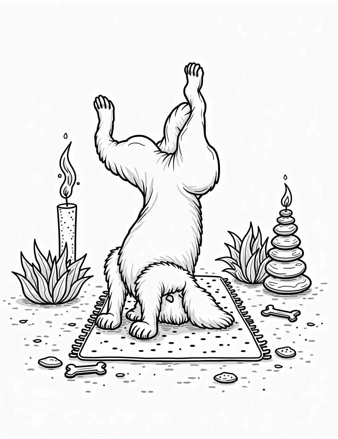 Zen Puppy Yoga Master Coloring Page -- prompt: "black lines only Adorable puppy striking downward dog pose on polka-dotted yoga mat. Thick, bold outlines perfect for coloring. Surrounding scene includes flickering candle flames, potted succulents with spiraling leaves, and zen stones. Playful doodles of paw prints and bone shapes scatter background. flat black lines, premium coloring page, coloring sheet, line drawing, Coloring Book, NO COLOR, NO SHADING, WHITE BACKGROUND. NO GRAY, BLACK AND WHITE, NO COLOR" -- Embrace tranquility with this amusing yet calming coloring page featuring a puppy yoga master. The flexible pup demonstrates an impressive yoga pose on a mat, surrounded by calming elements like candles and plants. This intricate design is ideal for adults seeking a mindful coloring experience with a touch of whimsy.