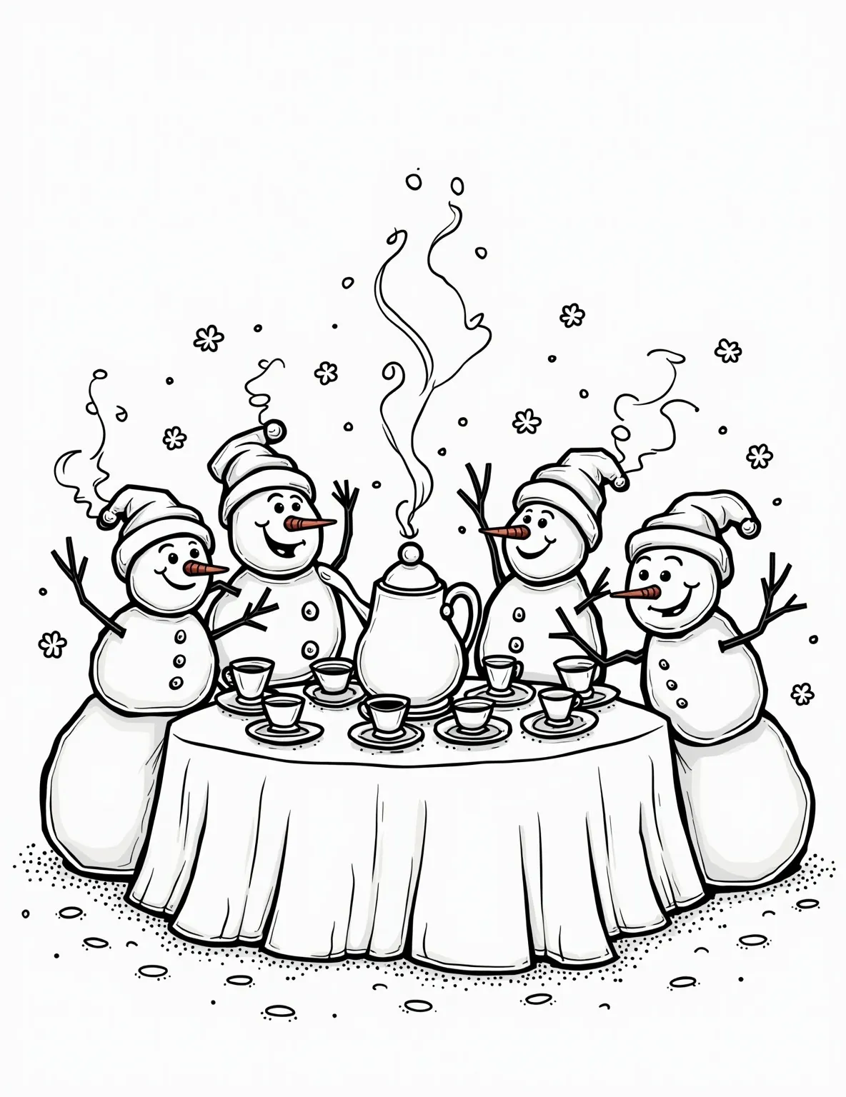 Snowman Tea Party Coloring Page -- prompt: "black lines only Jolly snowmen gathered for a whimsical tea party. Bold outlines define their round bodies, carrot noses, and coal eyes. A table adorned with teacups, teapot, and cakes awaits coloring. Snowflakes and steam swirl playfully, creating a cheerful winter scene perfect for creative expression. flat black lines, premium coloring page, coloring sheet, line drawing, Coloring Book, NO COLOR, NO SHADING, WHITE BACKGROUND. NO GRAY, BLACK AND WHITE, NO COLOR" -- It's tea time in winter wonderland! This charming coloring page shows a group of snowmen enjoying a delightful tea party. With tiny teacups and dainty treats, it's a whimsical scene that combines elegance with snowy fun.