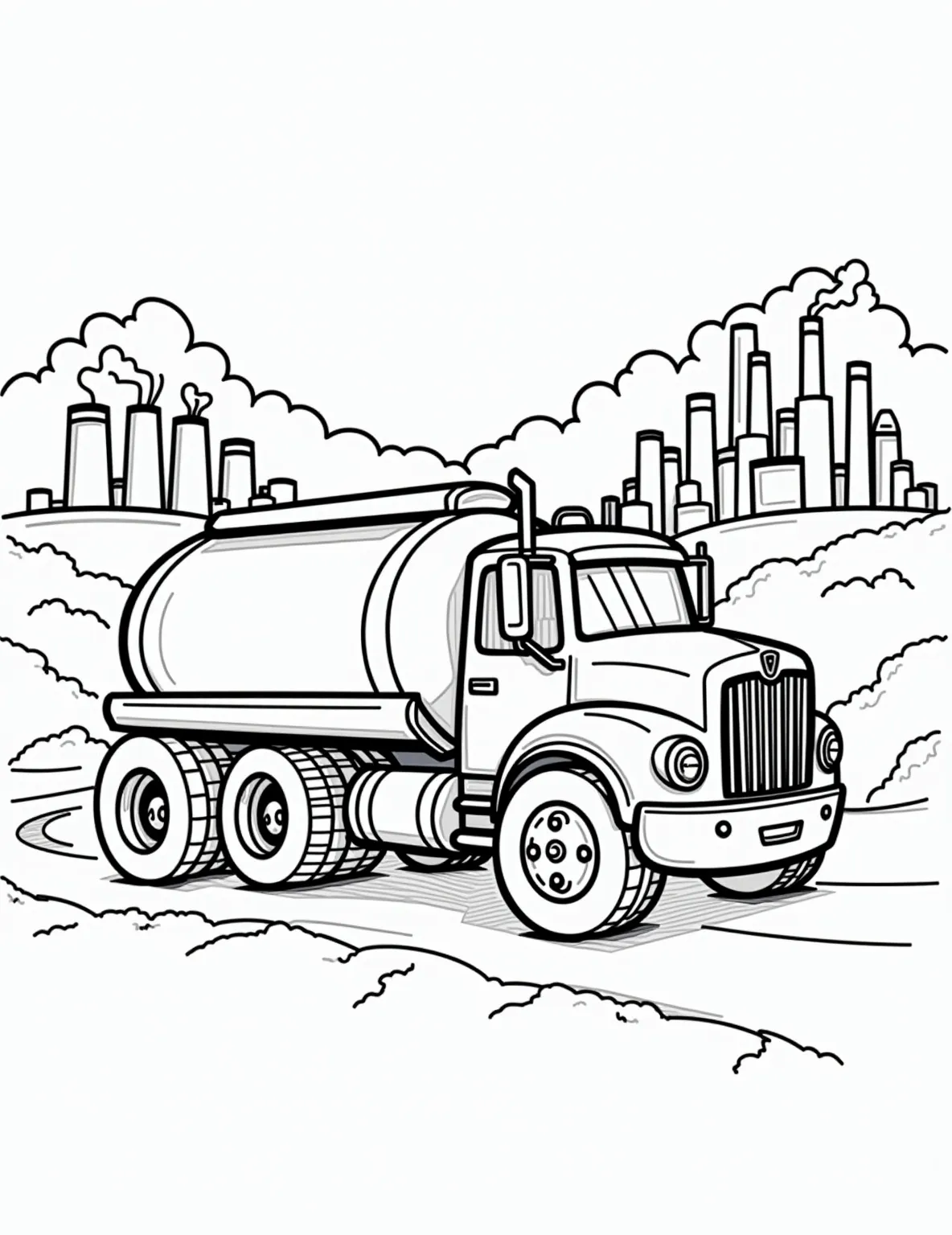 Fuel Tanker Truck -- prompt: "black lines only Chunky fuel tanker truck with bold outlines, rolling along winding road. Simplified oil refinery silhouettes dot horizon. Thick lines define truck's curves, wheels, and cargo tank. Empty spaces invite creative coloring. Cheerful scene balances industrial elements with playful, accessible design for all ages. flat black lines, premium coloring page, coloring sheet, line drawing, Coloring Book, NO COLOR, NO SHADING, WHITE BACKGROUND. NO GRAY, BLACK AND WHITE, NO COLOR" -- Power up your coloring skills with this Fuel Tanker Truck page! This crucial vehicle is depicted transporting fuel, highlighting its important role in keeping our vehicles and machinery running. It's great for those interested in energy infrastructure and transportation.