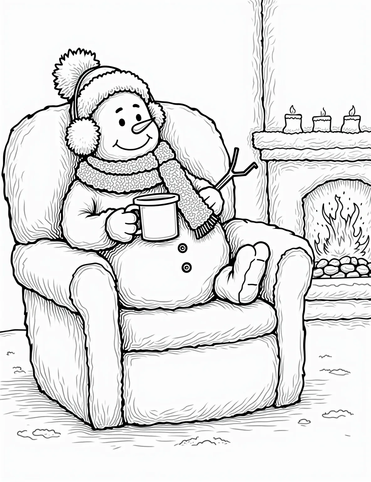 Cozy Snowman by the Fireplace Coloring Page -- prompt: "black lines only Jolly snowman lounges in oversized armchair, sipping cocoa from steaming mug. Chunky scarf and fuzzy earmuffs adorn his frosty form. Crackling fireplace nearby. Bold outlines, simple shapes, and large empty spaces perfect for coloring. Cheerful winter scene awaits creative crayons. flat black lines, premium coloring page, coloring sheet, line drawing, Coloring Book, NO COLOR, NO SHADING, WHITE BACKGROUND. NO GRAY, BLACK AND WHITE, NO COLOR" -- Who says snowmen can't enjoy the warmth? This unique coloring page shows a charming snowman relaxing by a crackling fireplace. With a steaming cup of cocoa and a comfy armchair, it's a whimsical twist on winter comfort.