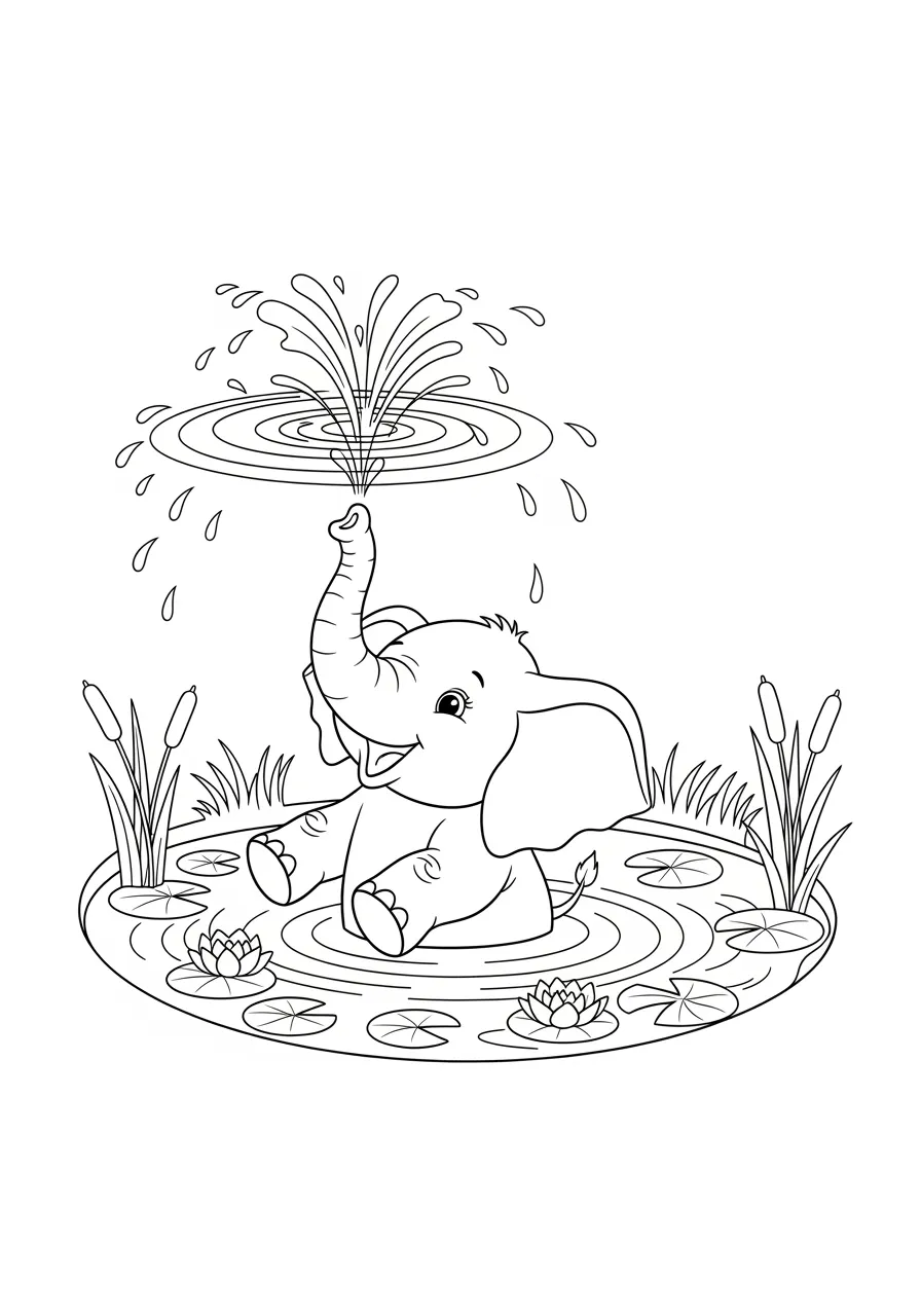 Curious Baby Elephant Bath Time Coloring Page -- prompt: "black lines only Fun coloring book style illustration of a joyful baby elephant splashing in a circular watering hole, trunk raised high shooting water arcs, bold black outlines, simple shapes, ripples spreading outward, cheerful expression, perfect for children's coloring activities flat black lines, premium coloring page, coloring sheet, line drawing, Coloring Book, NO COLOR, NO SHADING, WHITE BACKGROUND. NO GRAY, BLACK AND WHITE, NO COLOR" -- This adorable scene features a baby elephant enjoying a refreshing bath in a watering hole while splashing playfully. The little elephant's trunk sprays water everywhere as it discovers the joy of bath time in its natural habitat. This page is perfect for teaching children about animal hygiene and the importance of water in wildlife conservation.