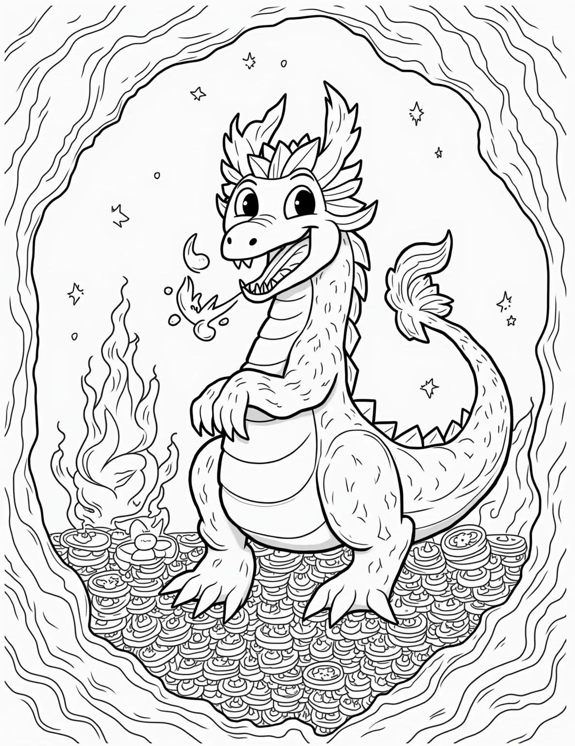 Dragon's Treasure Cave Adventure -- prompt: "black lines only Playful dragon coiled around treasure, scales outlined boldly. Cave walls dotted with gem-shaped patterns. Coins and jewels scattered in simple shapes. Stalagmites and stalactites frame the scene. Friendly fire breath swirls above. Perfect for coloring fun! Style: fun coloring book style coloring page flat black lines, premium coloring page, coloring sheet, line drawing, Coloring Book, NO COLOR, NO SHADING, WHITE BACKGROUND. NO GRAY, BLACK AND WHITE, NO COLOR" -- Embark on an exciting journey with this intricate coloring page showcasing a dragon guarding its hoard of treasures deep within a mysterious cave. The scene is filled with glittering piles of gold coins, jewel-encrusted crowns, and ancient artifacts. This detailed masterpiece is perfect for adult coloring enthusiasts who enjoy bringing complex scenes to life with vibrant colors.