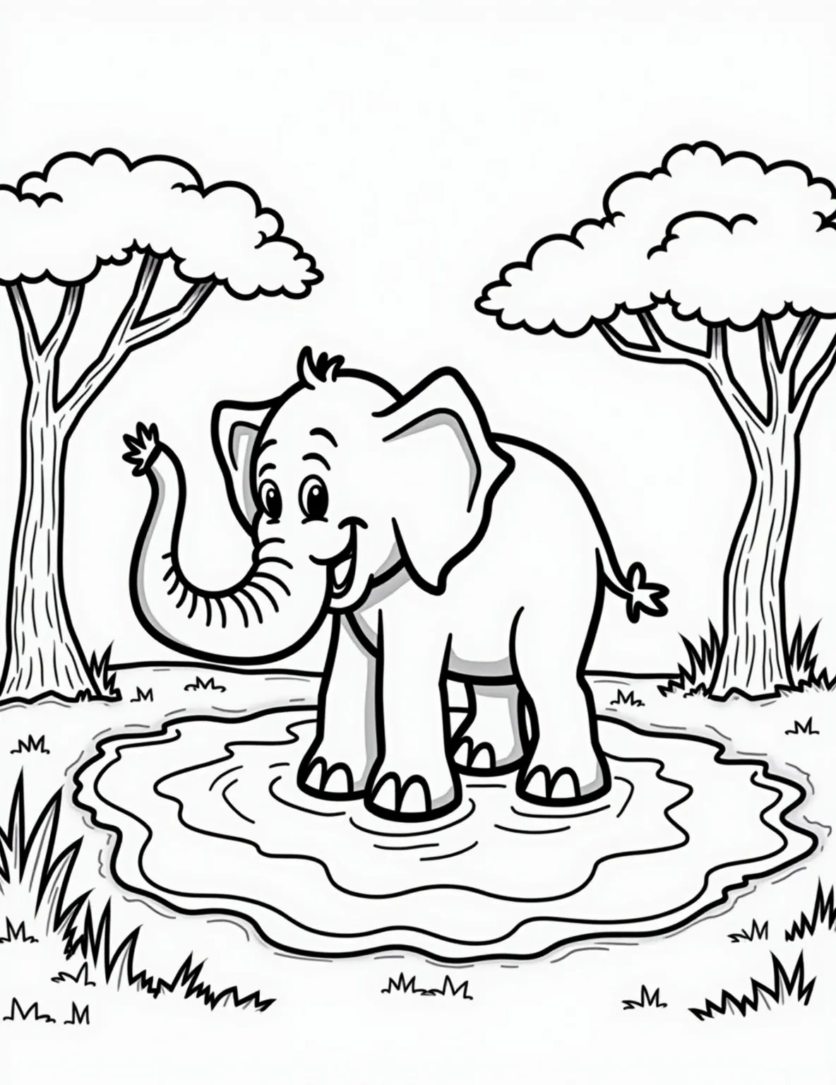 Gentle Giant Elephant's Bath Time Coloring Page -- prompt: "black lines only Cheerful elephant in African savanna, outlined with bold black lines. Simplified acacia trees and grass surround watering hole. Elephant's trunk sprays water droplets over its back. Playful expression, big ears, and exaggerated tusks. Empty spaces invite coloring. Fun, child-friendly design for coloring book page. flat black lines, premium coloring page, coloring sheet, line drawing, Coloring Book, NO COLOR, NO SHADING, WHITE BACKGROUND. NO GRAY, BLACK AND WHITE, NO COLOR" -- Make a splash with this heartwarming elephant coloring page. The scene of a large elephant enjoying a refreshing spray from its trunk in a watering hole captures the playful side of these magnificent creatures. Perfect for those who love elephants and fun animal activities.