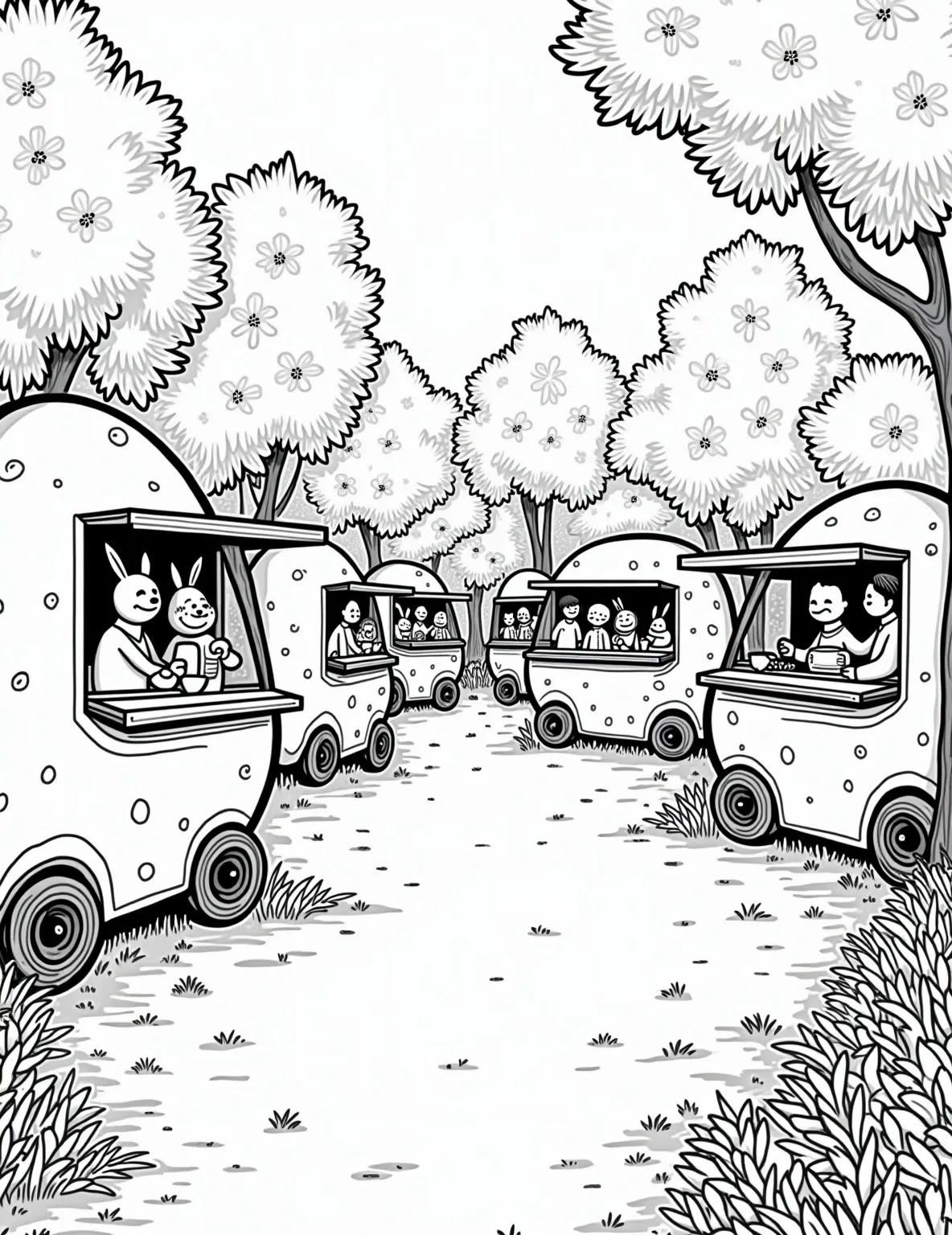 Easter Egg Food Truck Festival -- prompt: "black lines only Easter egg-shaped food trucks line a bustling park. Bunnies, chicks, and families queue for pastel-colored treats. Flowery borders frame the scene. Bold outlines define cheerful characters and whimsical vehicles. Dotted patterns and swirls add texture. Empty spaces await vibrant coloring. A festive flat black lines, premium coloring page, coloring sheet, line drawing, Coloring Book, NO COLOR, NO SHADING, WHITE BACKGROUND. NO GRAY, BLACK AND WHITE, NO COLOR" -- Savor the flavors of Easter with this fun and foodie-inspired coloring page. Various egg-shaped food trucks offer Easter-themed treats, from chocolate eggs to hot cross buns. Hungry customers, including humans and animals, line up to taste the seasonal delights in this bustling festival scene.