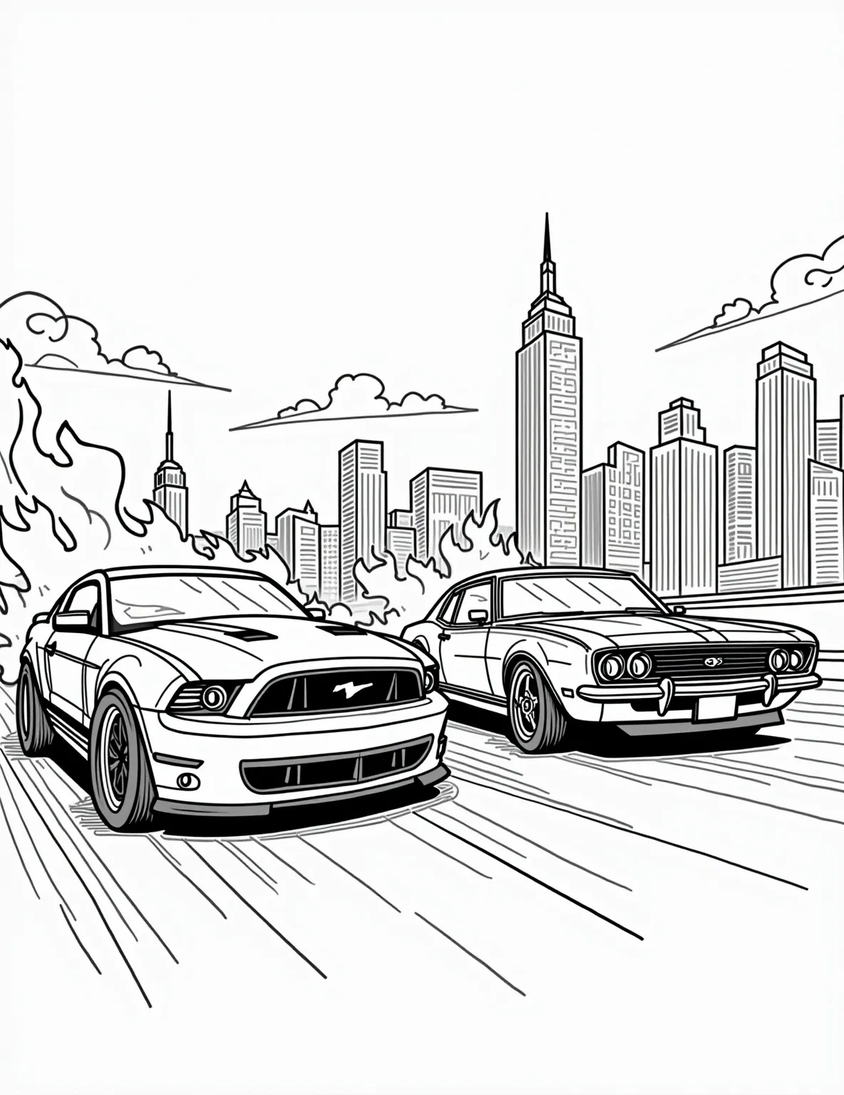 Classic Muscle Car Showdown -- prompt: "black lines only Bold outlines frame two iconic muscle cars, a Mustang and Camaro, poised for action. Flames adorn their hoods, tires ready to screech. City buildings form a backdrop of simple shapes. Empty spaces await vibrant colors, inviting imagination to bring this drag race scene to life. flat black lines, premium coloring page, coloring sheet, line drawing, Coloring Book, NO COLOR, NO SHADING, WHITE BACKGROUND. NO GRAY, BLACK AND WHITE, NO COLOR" -- Rev up your coloring skills with this face-off between two iconic muscle cars. With their powerful engines and aggressive styling, these vehicles represent the golden era of American automotive muscle. This page is a must for fans of classic car showdowns.