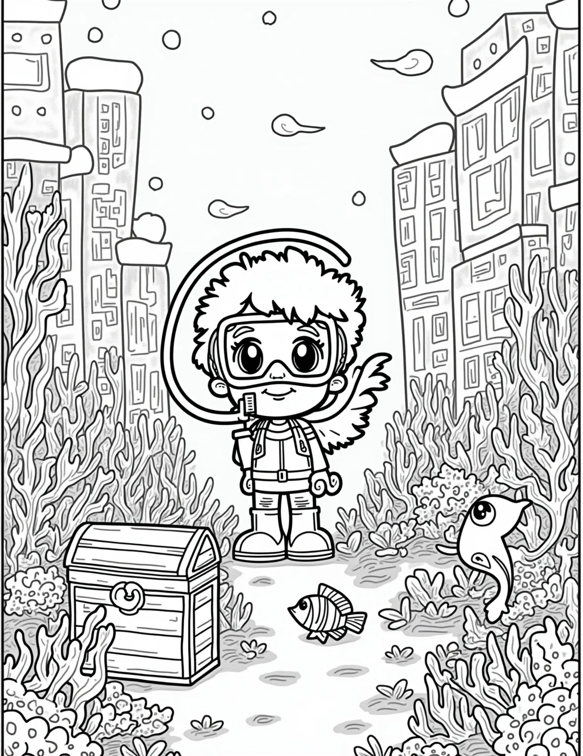 Underwater Explorer Coloring Page -- prompt: "black lines only Playful coloring page: young diver explores vibrant coral reef. Chunky outlines frame cartoonish fish, swaying seaweed, and smiling sea creatures. Bold patterns adorn coral formations. Bubbles rise from diver's mask. Hidden treasures and marine life await discovery in this underwater adventure. Coloring book style flat black lines, premium coloring page, coloring sheet, line drawing, Coloring Book, NO COLOR, NO SHADING, WHITE BACKGROUND. NO GRAY, BLACK AND WHITE, NO COLOR" -- Dive into an underwater adventure with this exciting coloring page. It features a young scuba diver exploring a vibrant coral reef teeming with colorful fish, playful dolphins, and maybe even a hidden treasure. This page offers a perfect blend of exploration and marine life for boys fascinated by the mysteries of the deep.