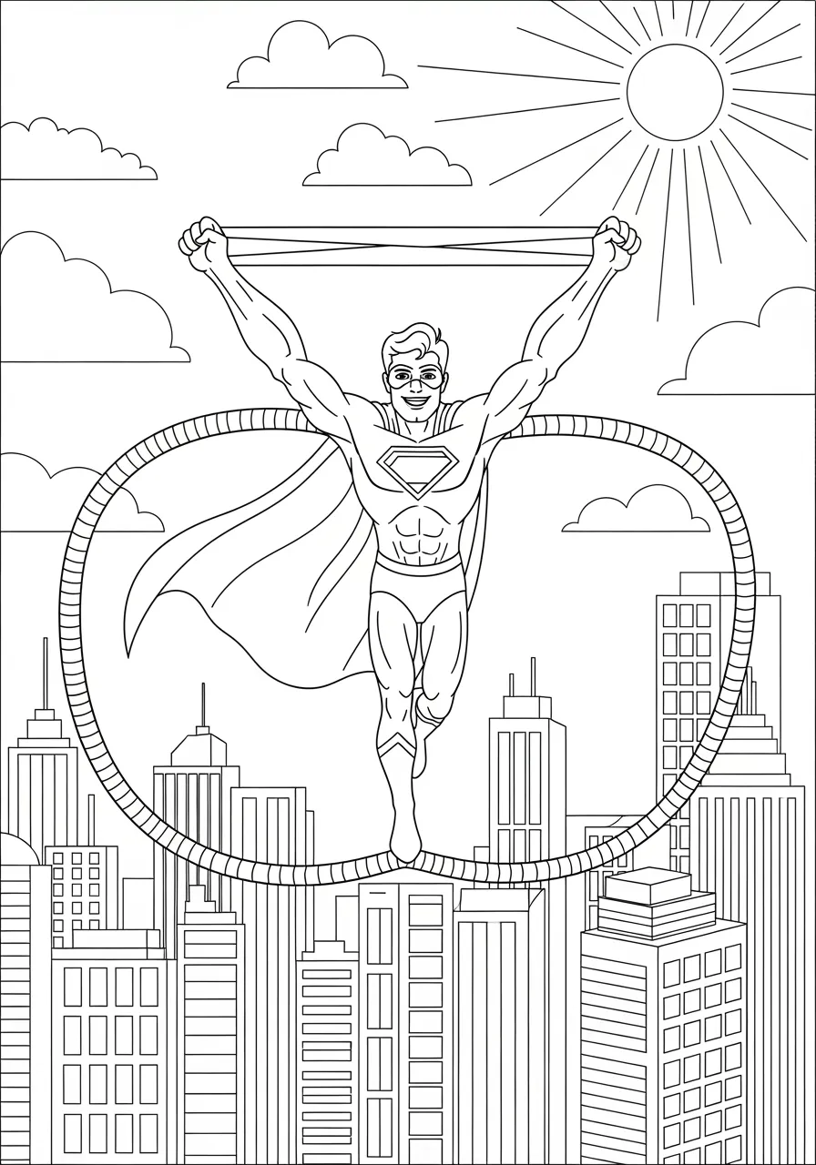 Elastic Hero Stretching Across Buildings Coloring Page -- prompt: "black lines only Fun coloring book page featuring cheerful superhero with rubber-band arms stretched wide between tall city skyscrapers, bold black outlines, simple geometric buildings with windows, clouds, sun, cape flowing, smiling face, ready to color adventure scene flat black lines, premium coloring page, coloring sheet, line drawing, Coloring Book, NO COLOR, NO SHADING, WHITE BACKGROUND. NO GRAY, BLACK AND WHITE, NO COLOR" -- This incredible page shows a superhero using elastic powers to stretch their body across the gap between two tall buildings. The hero's extended form creates interesting curved lines and shapes while maintaining their heroic proportions. City buildings and urban details provide a realistic backdrop for this fantastic display of stretching abilities.
