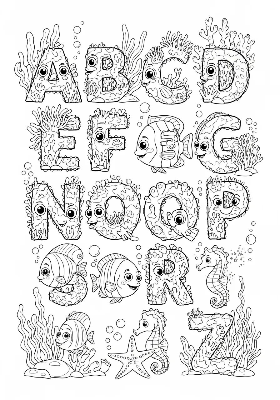 Underwater Coral Reef Alphabet Ecosystem Coloring Page -- prompt: "black lines only Bold black outlines form coral reef alphabet letters A through Z, surrounded by smiling tropical fish, cheerful sea anemones with flowing tentacles, five-pointed starfish, and friendly seahorses, designed for easy coloring with large spaces and simple shapes flat black lines, premium coloring page, coloring sheet, line drawing, Coloring Book, NO COLOR, NO SHADING, WHITE BACKGROUND. NO GRAY, BLACK AND WHITE, NO COLOR" -- Dive into ocean learning with this detailed coloring page where coral formations naturally create each letter of the alphabet! Tropical fish swim between the coral letters while sea anemones and starfish add colorful details. This educational page teaches marine biology alongside the alphabet, inspiring ocean conservation awareness in young environmentalists.