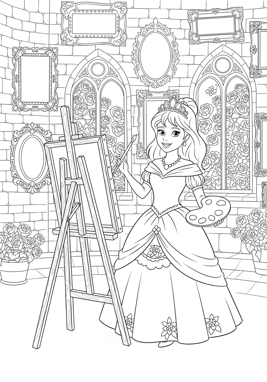 Princess Royal Portrait Sitting Coloring Page -- prompt: "black lines only Cheerful princess with flowing gown and crown stands beside ornate easel in castle gallery, smiling artist holds paintbrush, decorative frames line stone walls, large windows show garden views, simple black outlines perfect for coloring flat black lines, premium coloring page, coloring sheet, line drawing, Coloring Book, NO COLOR, NO SHADING, WHITE BACKGROUND. NO GRAY, BLACK AND WHITE, NO COLOR" -- Capture this formal moment as a regal princess poses for her official royal portrait in the castle's grand portrait gallery. Ornate frames of previous monarchs line the walls while the court artist works at his easel. The princess wears her finest gown and most precious jewels for this important occasion.