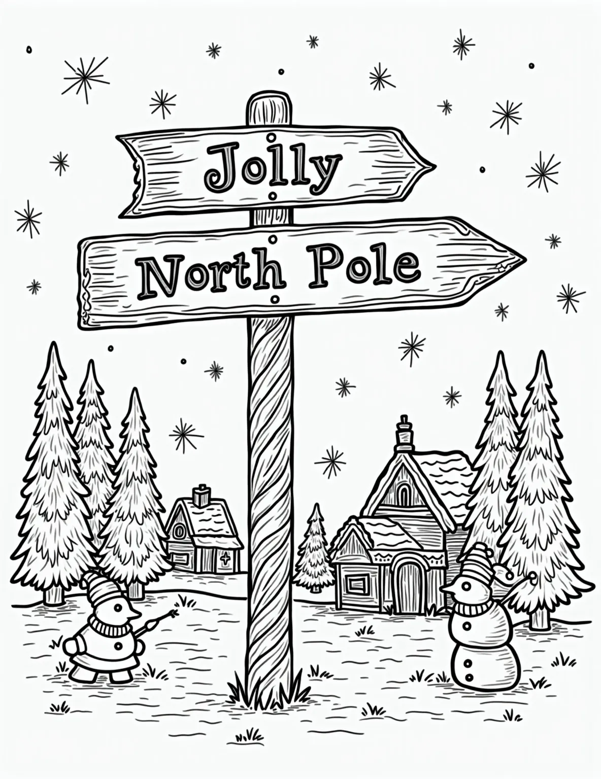 North Pole Sign with Christmas Lights Coloring Page -- prompt: "black lines only Playful North Pole directional sign, thick outlines perfect for coloring. Swirling Christmas lights wrap around, leading to snowy paths. Starry sky above with connect-the-dot constellations. Pine trees and candy canes frame the scene. Jolly snowmen peek from corners, inviting creative coloring fun. flat black lines, premium coloring page, coloring sheet, line drawing, Coloring Book, NO COLOR, NO SHADING, WHITE BACKGROUND. NO GRAY, BLACK AND WHITE, NO COLOR" -- This enchanting coloring page features a North Pole sign post decorated with cheerful Christmas lights. Snow-covered ground and a starry sky complete the magical Arctic scene. It's a delightful way to bring the wonder of Santa's homeland to life through coloring.