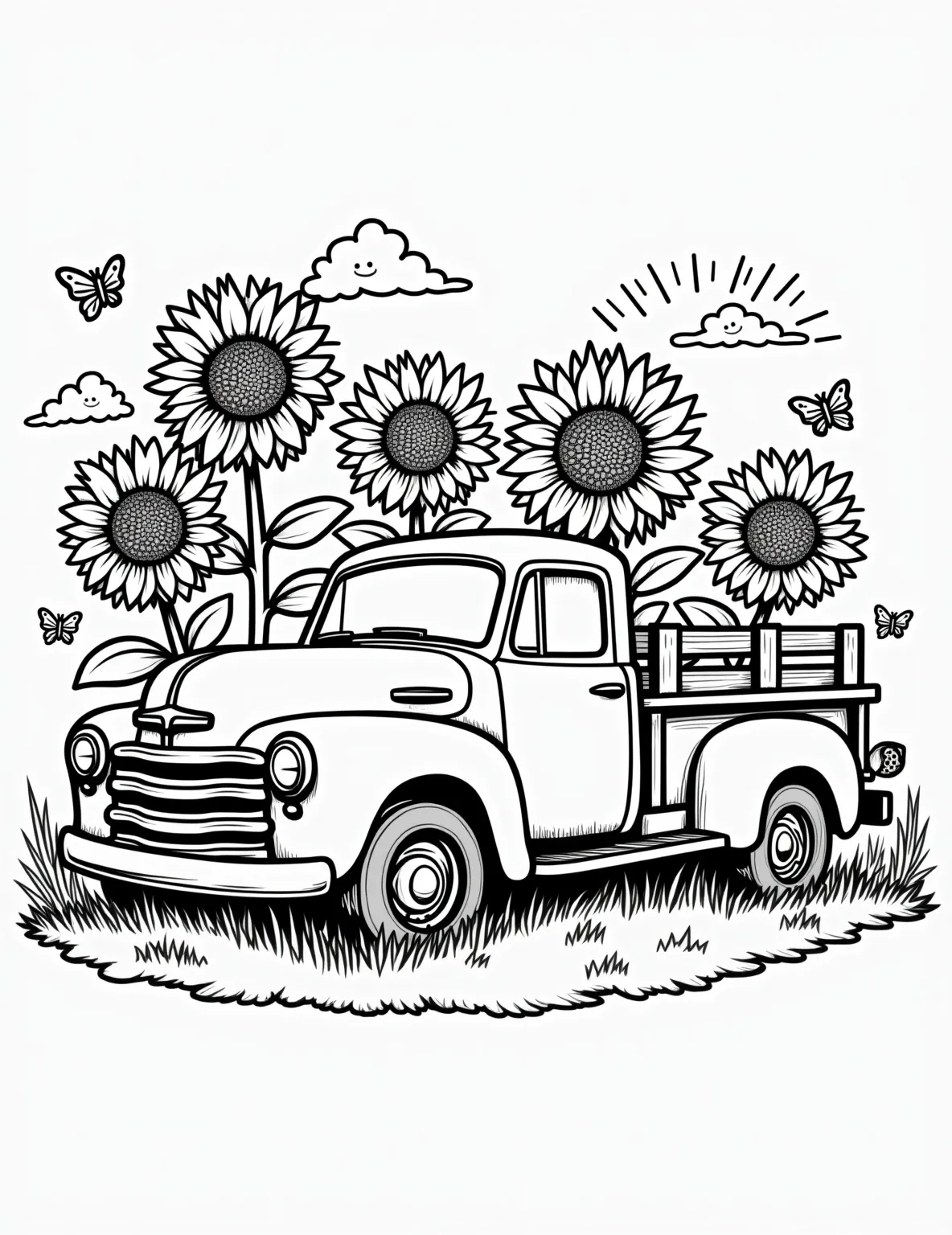 Rustic Farm Truck in a Sunflower Field -- prompt: "black lines only Cheerful coloring page design: Vintage farm truck with exaggerated features, parked amidst oversized sunflowers. Bold outlines define truck's rustic charm, sunflowers' petals, and leaves. Playful butterflies and bees dot the scene. Wispy clouds and a smiling sun complete the whimsical countryside tableau. Perfect for creative coloring fun. flat black lines, premium coloring page, coloring sheet, line drawing, Coloring Book, NO COLOR, NO SHADING, WHITE BACKGROUND. NO GRAY, BLACK AND WHITE, NO COLOR" -- Experience the charm of rural life with this vintage farm truck. Set amidst a vibrant sunflower field, this coloring page combines automotive nostalgia with the beauty of nature. It's perfect for those who appreciate country aesthetics and simpler times.