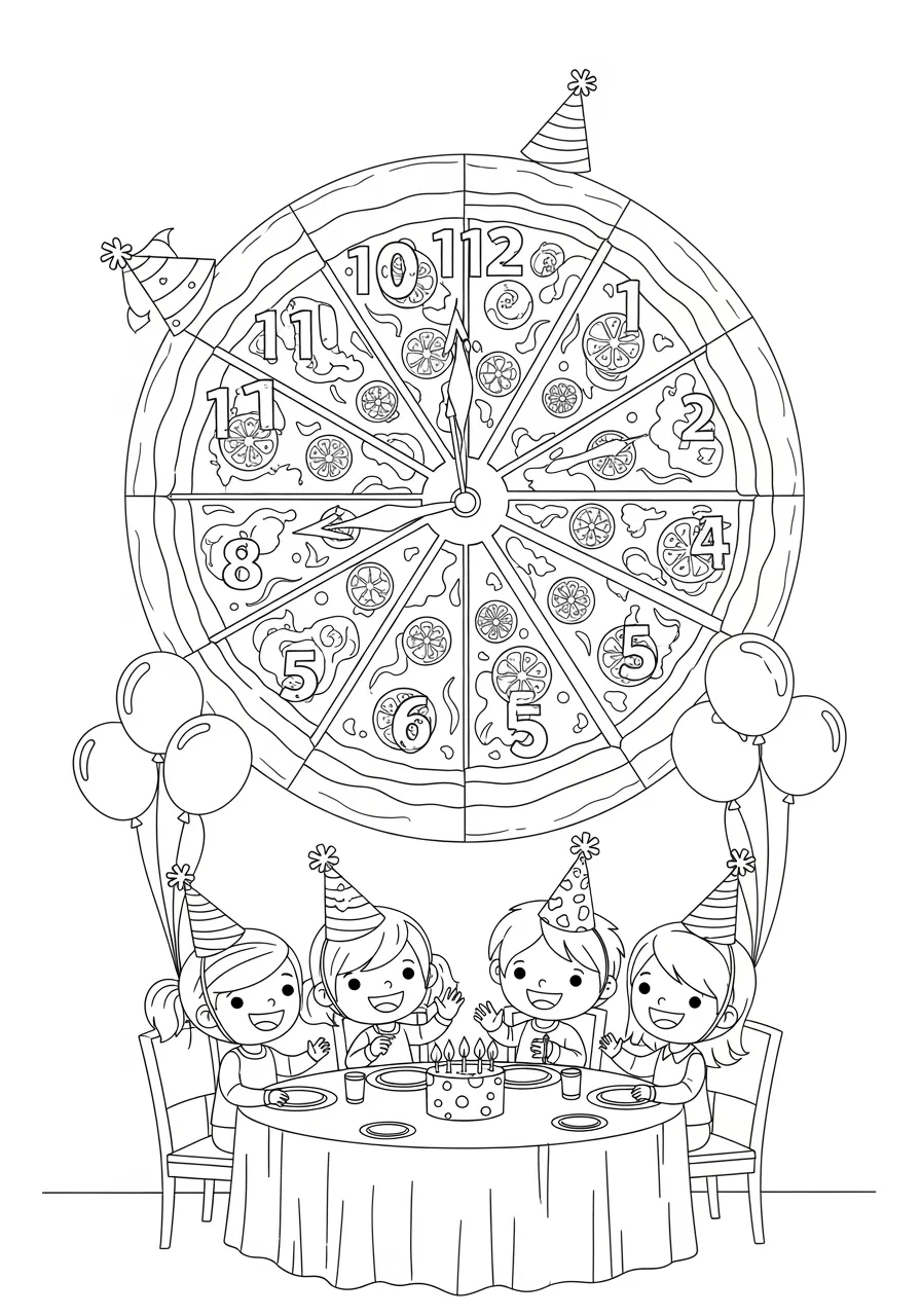 Number Pizza Party Coloring Page -- prompt: "black lines only Fun coloring book style illustration of oversized circular pizza divided into twelve triangular slices, each boldly numbered 1-12, surrounded by smiling cartoon children with party hats seated around festive birthday table with balloons floating overhead flat black lines, premium coloring page, coloring sheet, line drawing, Coloring Book, NO COLOR, NO SHADING, WHITE BACKGROUND. NO GRAY, BLACK AND WHITE, NO COLOR" -- Join the ultimate number pizza party where each slice displays numbers 1 through 12! This delicious coloring page features a large pizza divided into numbered slices, with happy kids around the table holding up their fingers to match the numbers. It's a tasty way to practice counting while having fun with friends.
