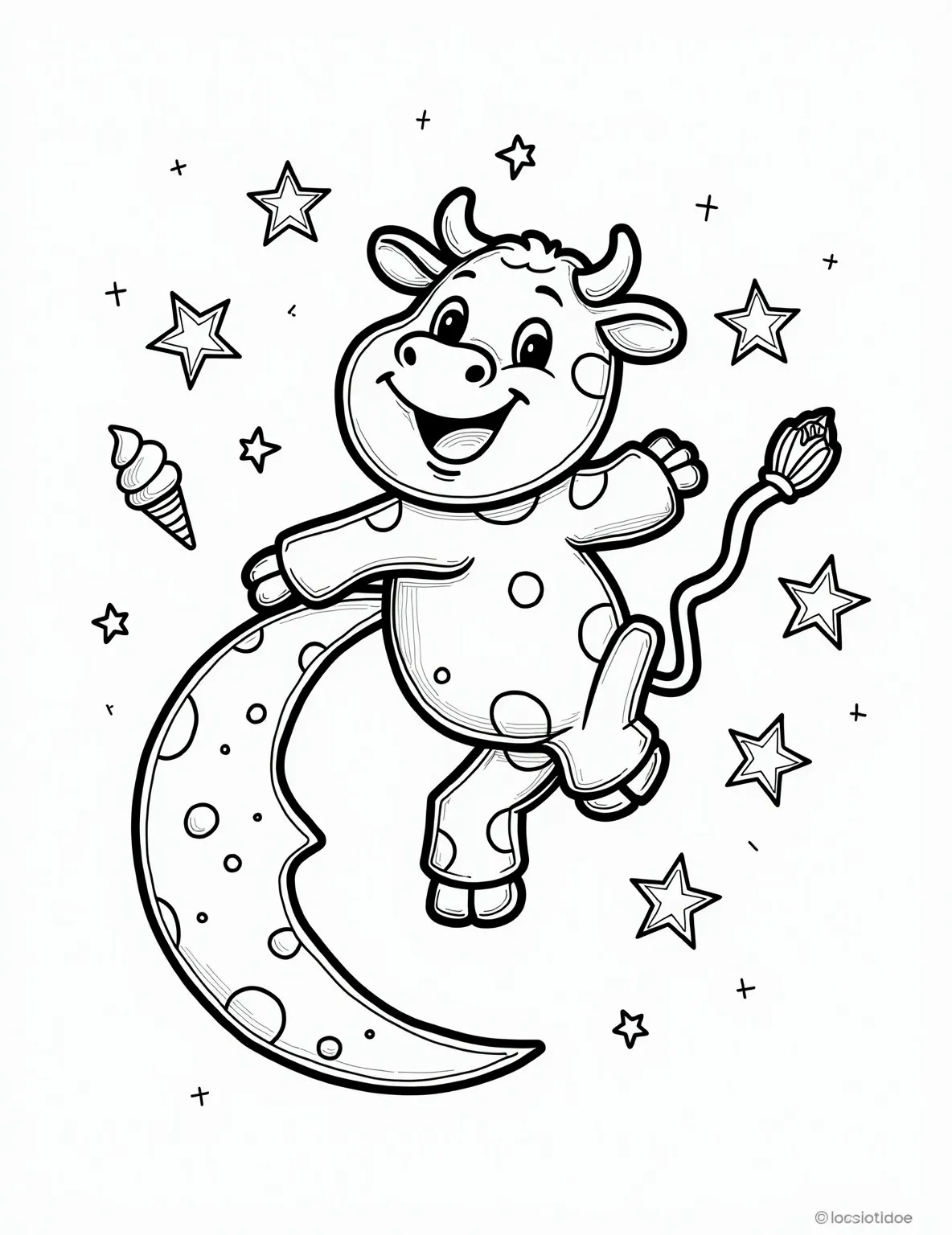 Cow Jumping Over the Moon -- prompt: "black lines only Coloring page design: Jovial cartoon cow with exaggerated spots leaping gracefully over a smiling crescent moon. Twinkling stars dot the night sky, forming playful constellations. Bold outlines perfect for coloring, with swirling patterns in the cow's body and moon's surface. flat black lines, premium coloring page, coloring sheet, line drawing, Coloring Book, NO COLOR, NO SHADING, WHITE BACKGROUND. NO GRAY, BLACK AND WHITE, NO COLOR" -- Inspired by the nursery rhyme, this whimsical coloring page depicts a cow leaping over a crescent moon. Stars and clouds surround the scene, providing plenty of details to color. This page is perfect for sparking imagination and storytelling.