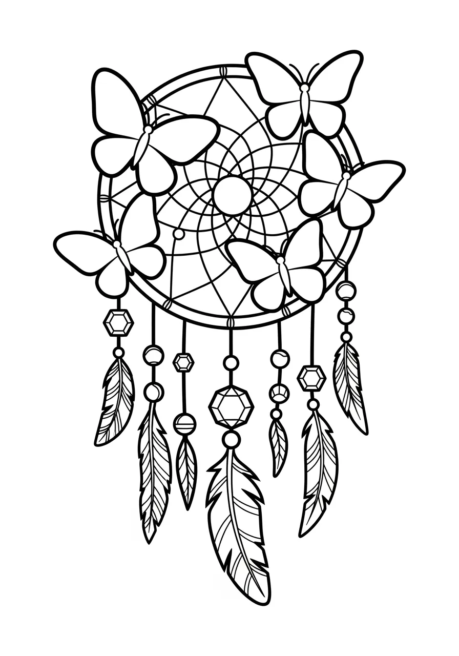 25. Butterfly Dream Catcher Coloring Page -- prompt: "black lines only Fun coloring book style dreamcatcher featuring bold outlined butterfly patterns woven throughout circular web, adorned with large decorative butterflies, flowing feathers, and geometric beads, thick black lines, simple shapes, child-friendly design, cheerful playful atmosphere flat black lines, premium coloring page, coloring sheet, line drawing, Coloring Book, NO COLOR, NO SHADING, WHITE BACKGROUND. NO GRAY, BLACK AND WHITE, NO COLOR" -- Combine Native American tradition with butterfly beauty in this dream catcher coloring page featuring butterfly motifs. Delicate butterflies are woven into the web pattern while feathers and beads hang below. This spiritual and artistic design celebrates both cultural heritage and natural wonder.