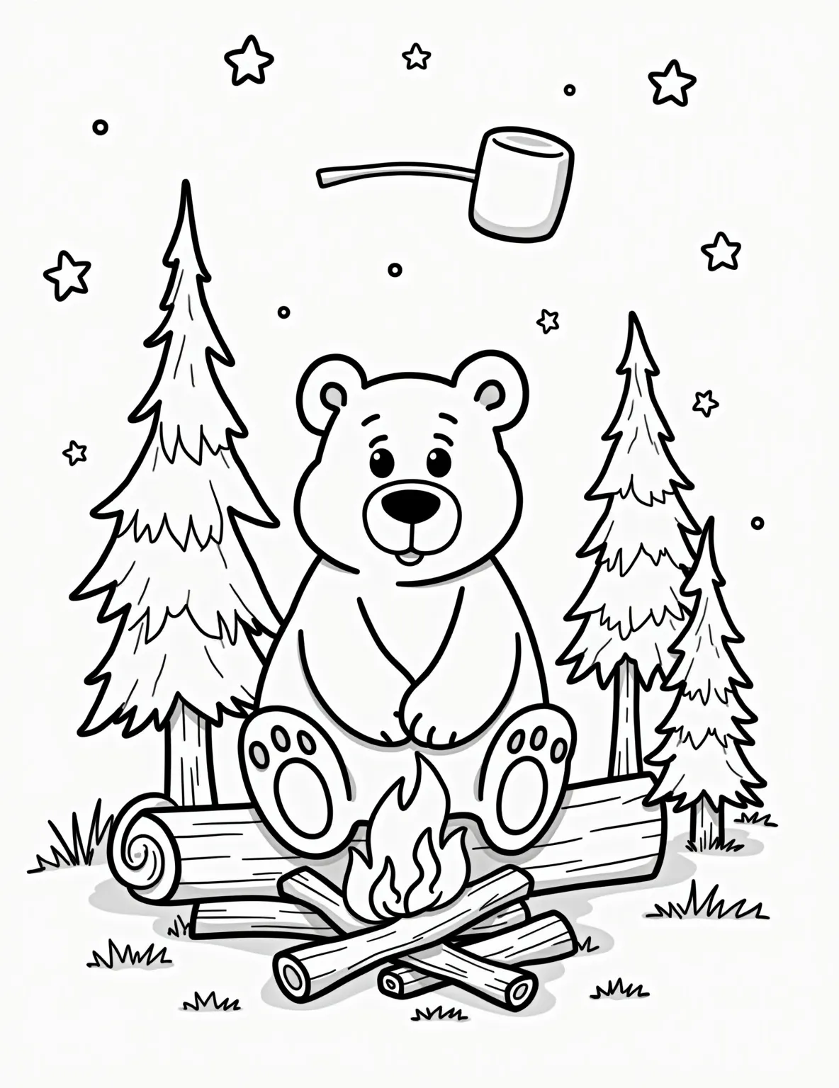 Bear's Starry Campout -- prompt: "black lines only Adorable cartoon bear with round ears, sitting cross-legged by chunky campfire logs. Oversized marshmallow on stick, roasting over stylized flames. Simple pine trees frame scene. Big, bold stars dot night sky. Thick outlines perfect for coloring. Cheerful expression on bear's face. flat black lines, premium coloring page, coloring sheet, line drawing, Coloring Book, NO COLOR, NO SHADING, WHITE BACKGROUND. NO GRAY, BLACK AND WHITE, NO COLOR" -- Experience the wonders of the great outdoors with this enchanting coloring page. A bear sits by a campfire, roasting marshmallows and gazing up at a sky filled with stars and constellations. This scene introduces children to camping and stargazing while providing a soothing coloring experience.