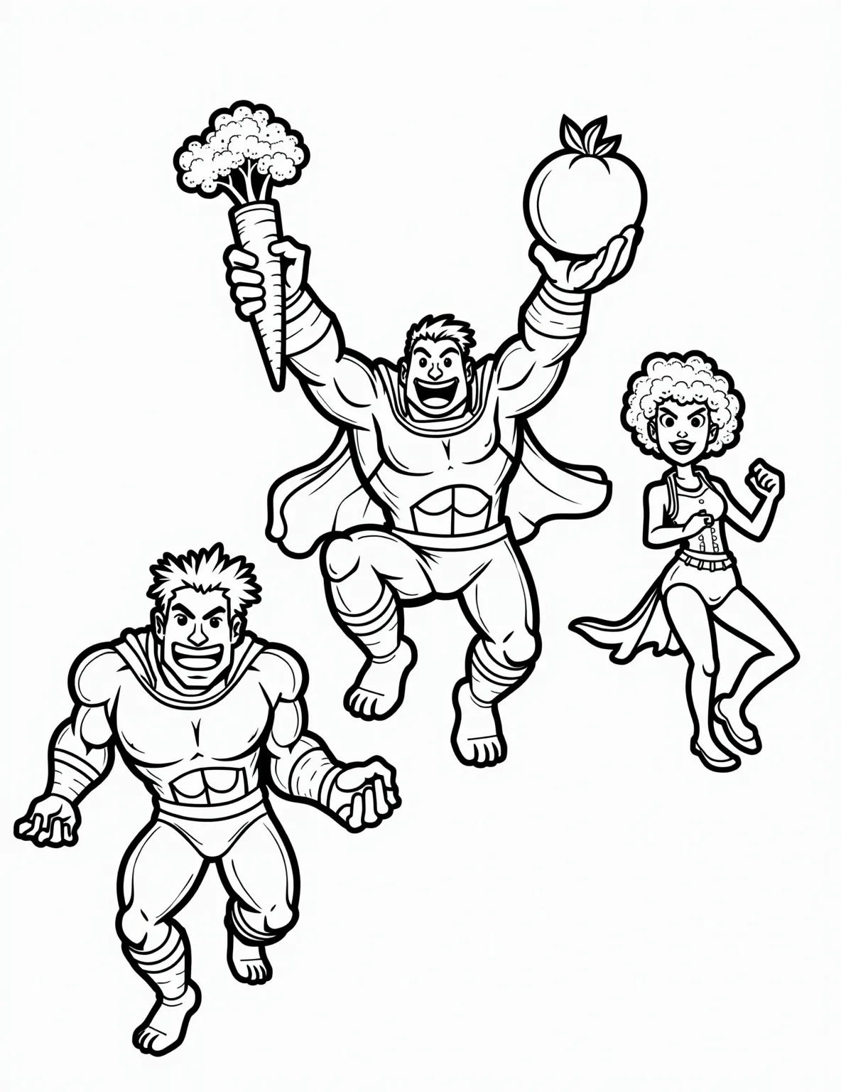 Veggie Superhero Squad Coloring Page -- prompt: "black lines only Vibrant vegetable superheroes strike dynamic poses on a crisp white background. Carrot Captain flexes muscles, Broccoli Bruiser roundhouse kicks, and Tomato Titan flies overhead. Bold black outlines define each character, inviting colorful imagination. Perfect for aspiring young artists to bring flat black lines, premium coloring page, coloring sheet, line drawing, Coloring Book, NO COLOR, NO SHADING, WHITE BACKGROUND. NO GRAY, BLACK AND WHITE, NO COLOR" -- Meet the Veggie Superhero Squad in this fun and educational coloring page! A group of anthropomorphized vegetables, including a muscular broccoli, a speedy carrot, and a strong tomato, are posed in superhero stances. This page combines imagination with healthy eating themes, making it perfect for kids learning about nutrition.