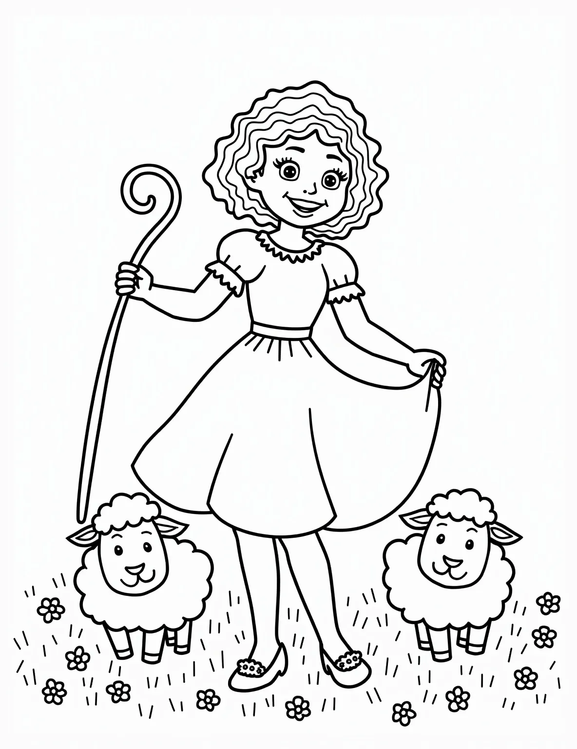 Bo Peep's Shepherd's Delight Coloring Page -- prompt: "black lines only Bo Peep, a cheerful shepherdess, stands amidst a meadow brimming with daisies and buttercups. Her flock of fluffy sheep graze nearby. Bold outlines define each element, creating a playful coloring book page. Swirling patterns adorn Bo's dress and crook, inviting creative coloring. Remember to complete flat black lines, premium coloring page, coloring sheet, line drawing, Coloring Book, NO COLOR, NO SHADING, WHITE BACKGROUND. NO GRAY, BLACK AND WHITE, NO COLOR" -- Experience the charm of Bo Peep in this delightful pastoral scene that's perfect for more advanced colorists. This intricate coloring page features Bo Peep tending to her flock of sheep in a beautifully detailed meadow setting. Adults will appreciate the fine lines and patterns in Bo's dress and the surrounding landscape, offering a relaxing and satisfying coloring experience.