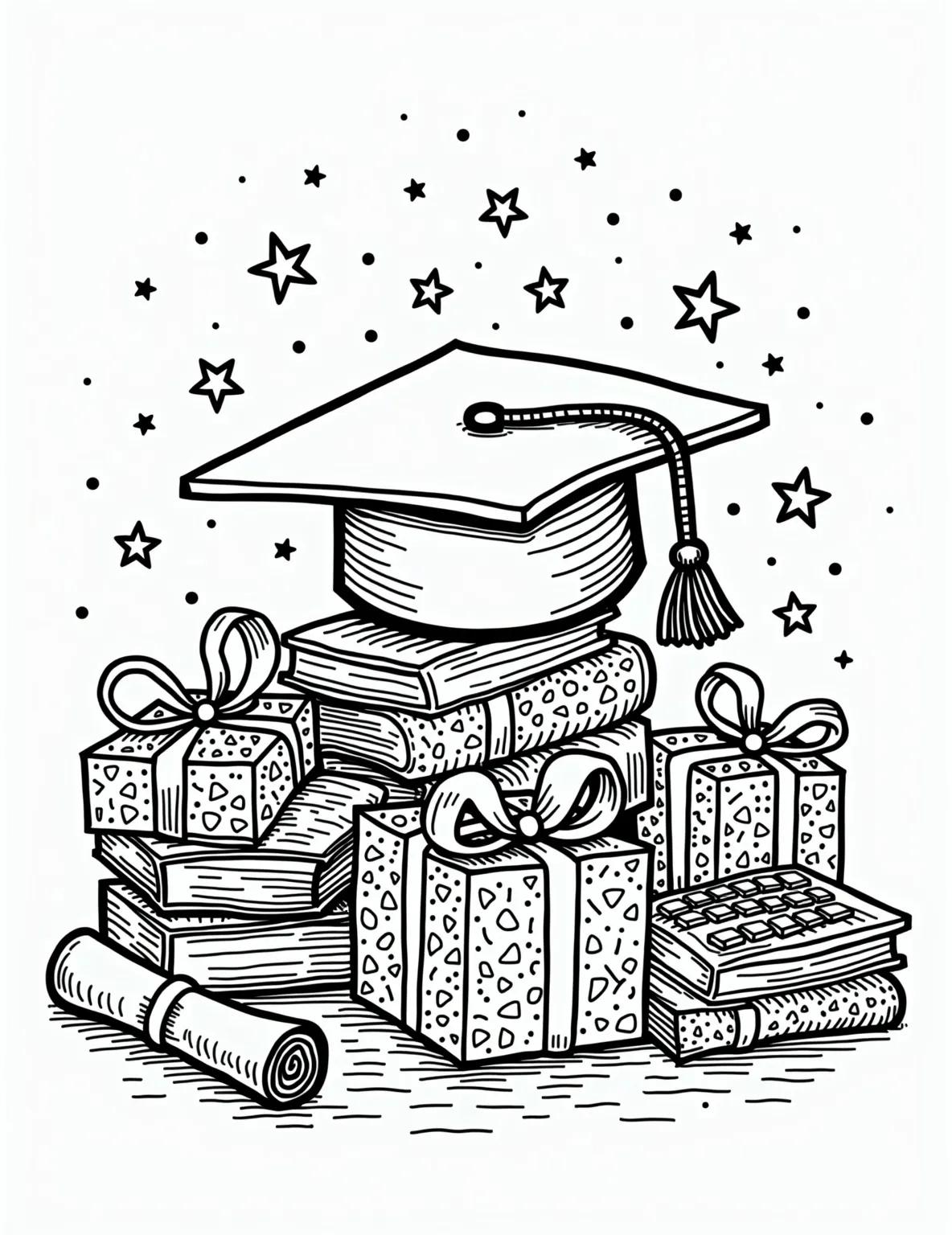 Graduation Cap and Gifts -- prompt: "black lines only Oversized graduation cap centerpiece with bold, thick outlines. Surrounding gifts wrapped in doodle-patterned paper. Academic symbols like books, diplomas, and calculators scattered playfully. Confetti shapes of stars and spirals. Empty spaces invite coloring. Joyful celebration scene in simple, clean lines. flat black lines, premium coloring page, coloring sheet, line drawing, Coloring Book, NO COLOR, NO SHADING, WHITE BACKGROUND. NO GRAY, BLACK AND WHITE, NO COLOR" -- Celebrate academic achievement with this coloring page. A graduation cap takes center stage, surrounded by presents wrapped in paper adorned with diplomas, books, and congratulatory messages. Tassels and confetti add to the celebratory atmosphere.