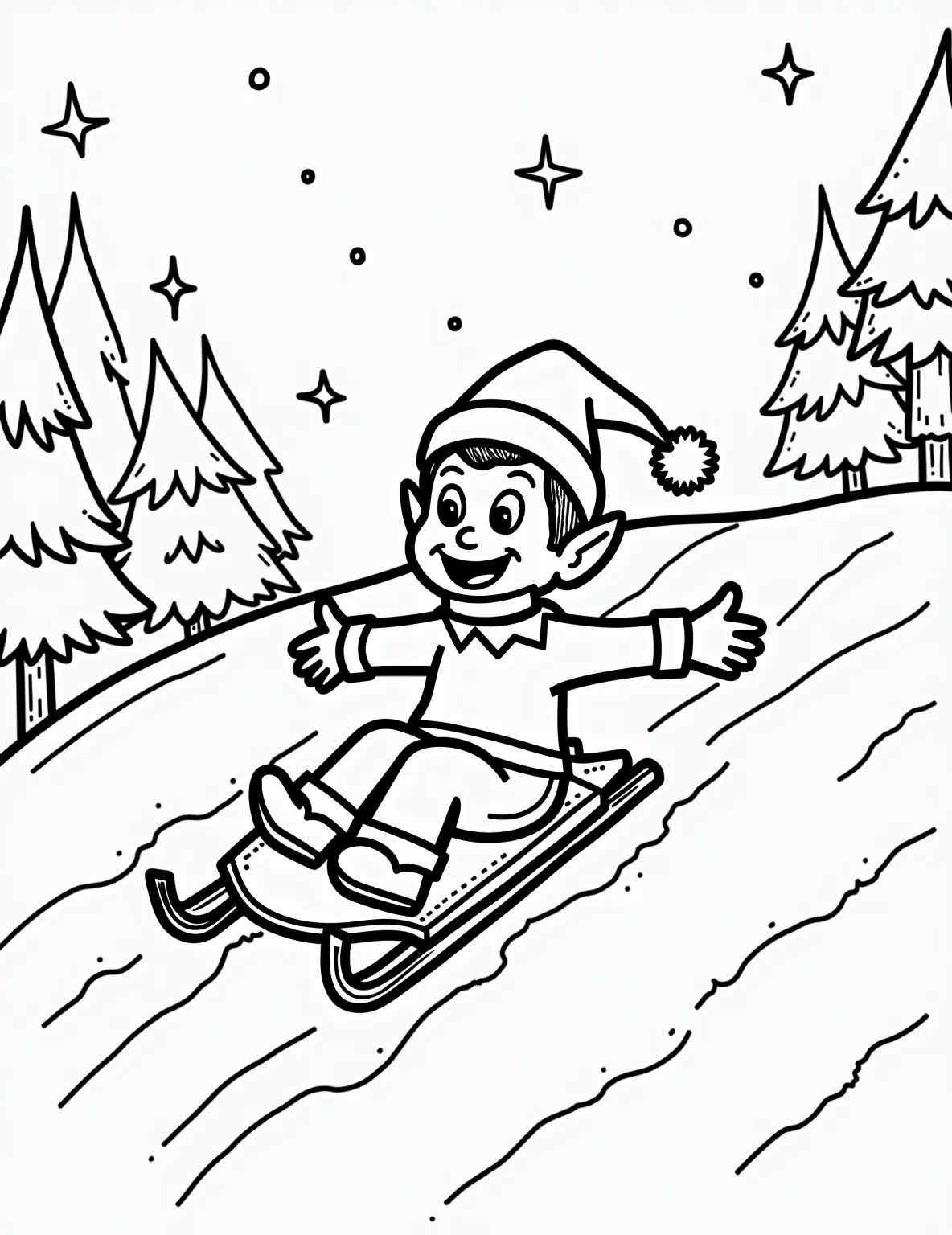 Elf's Sled Racing Adventure -- prompt: "black lines only Jolly Elf on the Shelf character gleefully sledding down snowy hill. Bold, thick outlines define playful scene. Simplified winter landscape background with pine trees. Large snowflakes falling. Empty spaces invite coloring creativity. Cheerful expression on elf's face. Sled leaves flat black lines, premium coloring page, coloring sheet, line drawing, Coloring Book, NO COLOR, NO SHADING, WHITE BACKGROUND. NO GRAY, BLACK AND WHITE, NO COLOR" -- Experience the thrill of the race in this exciting coloring page. Our daring Elf on the Shelf is pictured zooming down a snowy hill on a tiny sled, leaving a trail of snow behind. The winter landscape and the elf's exhilarated expression capture the joy of outdoor winter activities.