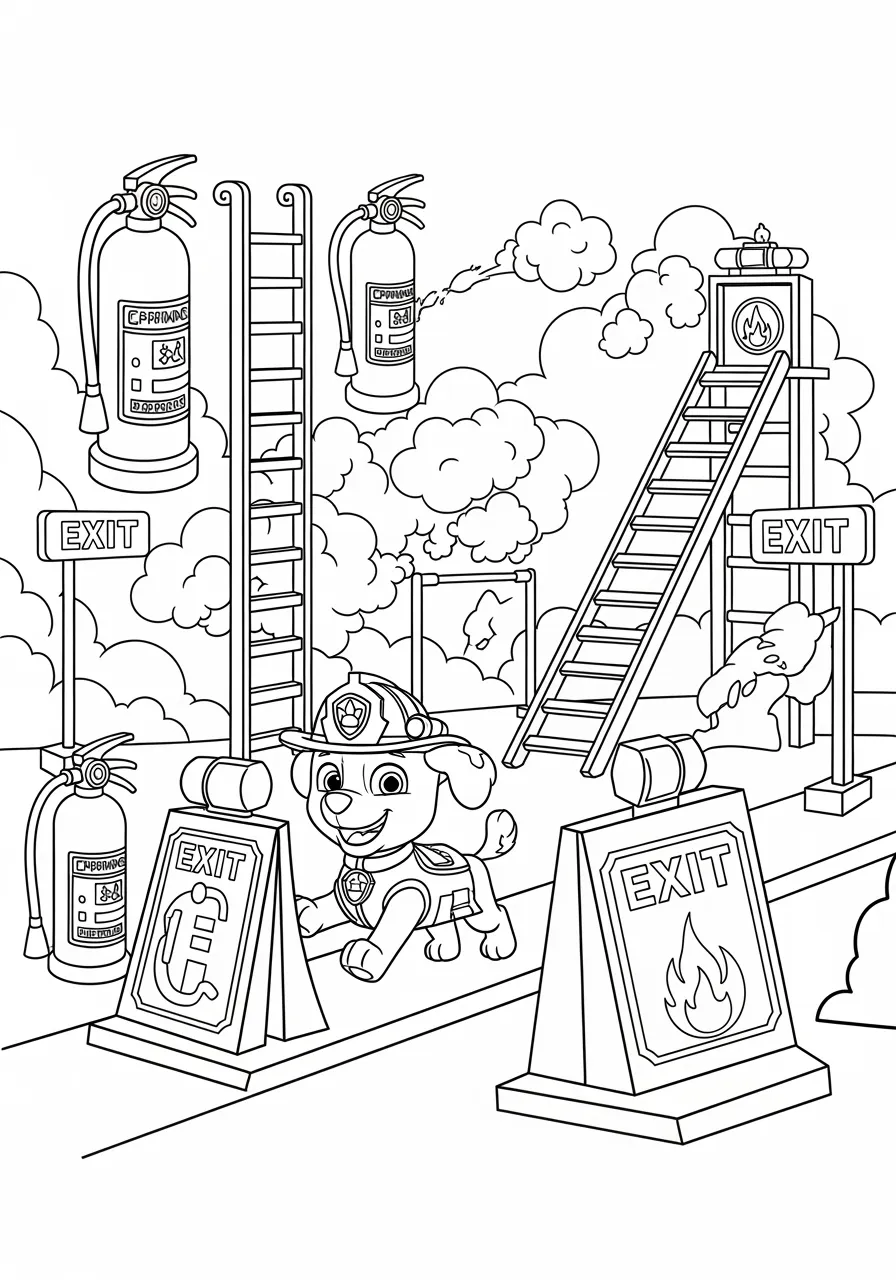 Marshall's Fire Safety Obstacle Course Coloring Page -- prompt: "black lines only Marshall navigates bold-lined fire safety obstacle course with puffy cartoon smoke clouds, oversized fire extinguishers, clearly marked EXIT signs, ladder climbs, and cheerful demonstration stations, perfect black outlines for children's coloring book pages flat black lines, premium coloring page, coloring sheet, line drawing, Coloring Book, NO COLOR, NO SHADING, WHITE BACKGROUND. NO GRAY, BLACK AND WHITE, NO COLOR" -- Practice fire safety skills with Marshall as he demonstrates proper emergency procedures on a challenging obstacle course! This educational coloring page shows Marshall navigating through smoke, using fire safety equipment, and teaching important life-saving techniques. The action-packed scene makes learning about fire safety both fun and memorable.