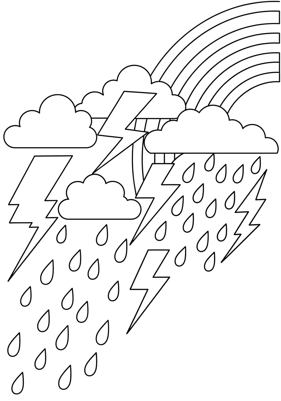 Shape Weather Forecast Fun Coloring Page -- prompt: "black lines only Playful weather coloring page with bold black outlines featuring zigzag triangular lightning bolts crackling across sky, perfectly round raindrops falling downward, puffy rectangular clouds floating horizontally, cheerful semi-circular rainbow arcing above, simple geometric shapes creating joyful stormy scene for children flat black lines, premium coloring page, coloring sheet, line drawing, Coloring Book, NO COLOR, NO SHADING, WHITE BACKGROUND. NO GRAY, BLACK AND WHITE, NO COLOR" -- What's the weather like in Shape Land? This charming meteorological scene shows weather elements constructed from geometric forms. Kids will love coloring the triangular lightning bolts, circular raindrops, and rectangular storm clouds while learning about different weather patterns.