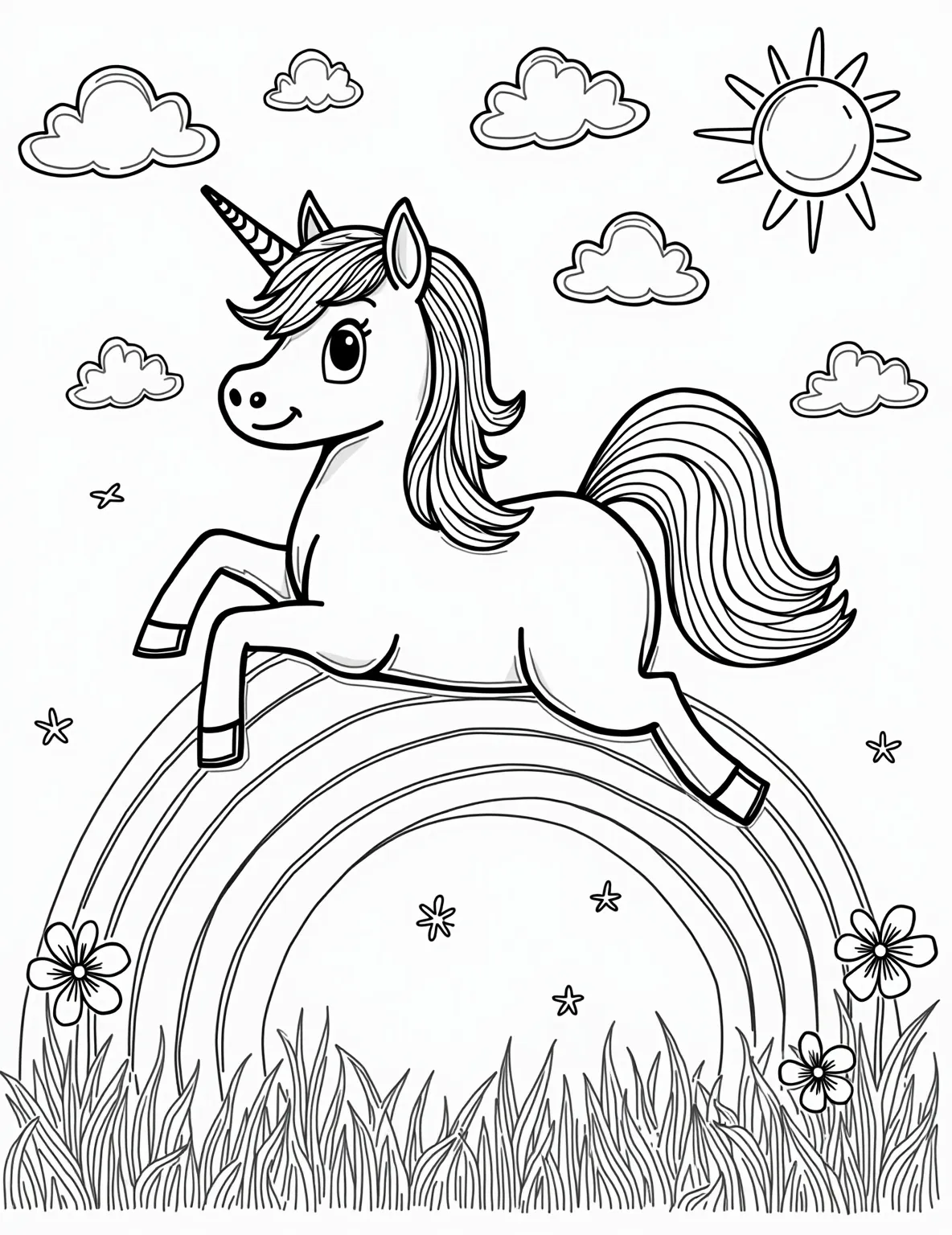 Unicorn's Rainbow Slide Playground -- prompt: "black lines only Playful unicorn with flowing mane glides down swirling rainbow slide. Puffy clouds with bold outlines frame scene. Smiling sun peeks from corner. Thick, clean lines define shapes. Empty spaces await vibrant colors. Magical atmosphere invites creativity. Perfectly balanced composition for coloring book enthusiasts. flat black lines, premium coloring page, coloring sheet, line drawing, Coloring Book, NO COLOR, NO SHADING, WHITE BACKGROUND. NO GRAY, BLACK AND WHITE, NO COLOR" -- This exciting coloring page showcases a unicorn having the time of its life on a rainbow slide. The vibrant scene includes simple cloud shapes and a smiling sun, perfect for little hands to color. It's a joyful representation of fun and magic that will surely bring smiles to young faces.