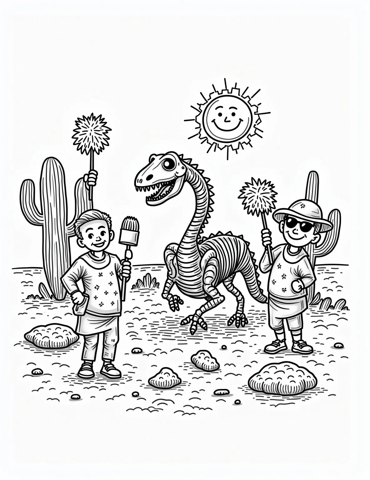 Ancient Dragon Fossil Dig Coloring Page -- prompt: "black lines only Playful archaeologists with oversized tools unearth a colossal dragon skeleton in a sandy desert. Cactus characters cheer from the sidelines. Smiling sun watches from above. Bold outlines define each element, creating a fun, interactive coloring page for adventurous minds. Fossils peek through dunes, inviting exploration. flat black lines, premium coloring page, coloring sheet, line drawing, Coloring Book, NO COLOR, NO SHADING, WHITE BACKGROUND. NO GRAY, BLACK AND WHITE, NO COLOR" -- Uncover the mysteries of the past in this educational coloring page featuring a dragon fossil excavation. Paleontologists carefully brush away sand to reveal the enormous skeleton of an ancient dragon. This page combines science and fantasy, making it an excellent choice for curious minds and budding scientists.