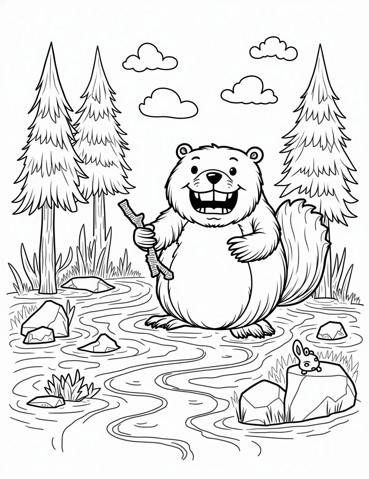 Busy Beaver's Woodland Dam -- prompt: "black lines only Chunky outline of cheerful beaver, oversized teeth, holding stick. Simple shapes form woodland stream, rocks, trees. Bold black lines define dam structure. Empty spaces await coloring. Cute forest creatures peek from corners. Playful scene encourages creativity and imagination. Coloring book page flat black lines, premium coloring page, coloring sheet, line drawing, Coloring Book, NO COLOR, NO SHADING, WHITE BACKGROUND. NO GRAY, BLACK AND WHITE, NO COLOR" -- Explore the industrious world of beavers with this detailed coloring page. A hardworking beaver is shown constructing its dam in a woodland stream. This page offers a great opportunity to color various textures, from the beaver's fur to the wooden dam and flowing water.