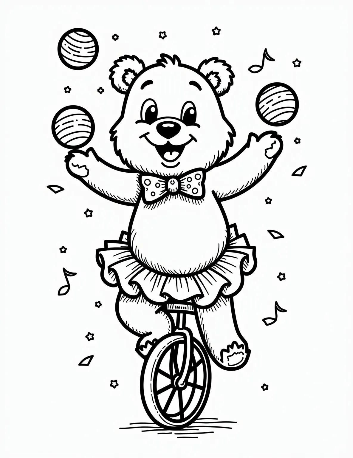 Circus Bear's Unicycle Act -- prompt: "black lines only Cheerful circus bear balancing on unicycle, juggling colorful balls. Bold outlines define fluffy fur, polka-dot bowtie, and frilly tutu. Playful expression with wide eyes and toothy grin. Background features big top tent and confetti. Perfect for children's coloring fun. flat black lines, premium coloring page, coloring sheet, line drawing, Coloring Book, NO COLOR, NO SHADING, WHITE BACKGROUND. NO GRAY, BLACK AND WHITE, NO COLOR" -- Roll up, roll up for this entertaining coloring page showcasing a talented circus bear. The bear balances precariously on a unicycle while juggling colorful balls, wearing a dazzling costume and a big smile. This whimsical scene is sure to delight children and spark conversations about circus history and animal care.