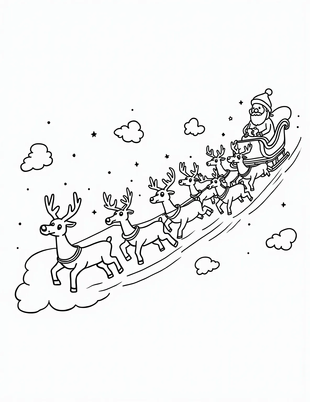 Rudolph Leading Santa's Sleigh -- prompt: "black lines only Rudolph's bold red nose illuminates a whimsical coloring page. Santa's sleigh soars through swirling cloud outlines. Eight reindeer, with exaggerated antlers and cheerful expressions, prance mid-air. Stars and snowflakes dot the sky. Thick, clean lines define each element, perfect for coloring fun. flat black lines, premium coloring page, coloring sheet, line drawing, Coloring Book, NO COLOR, NO SHADING, WHITE BACKGROUND. NO GRAY, BLACK AND WHITE, NO COLOR" -- Watch Rudolph shine as he leads Santa's sleigh through the night sky! This dynamic coloring page shows Rudolph at the front of the reindeer team, his nose glowing brightly to guide the way. Santa can be seen in his sleigh, filled with presents. It's an exciting scene that captures the magic of Christmas Eve delivery.