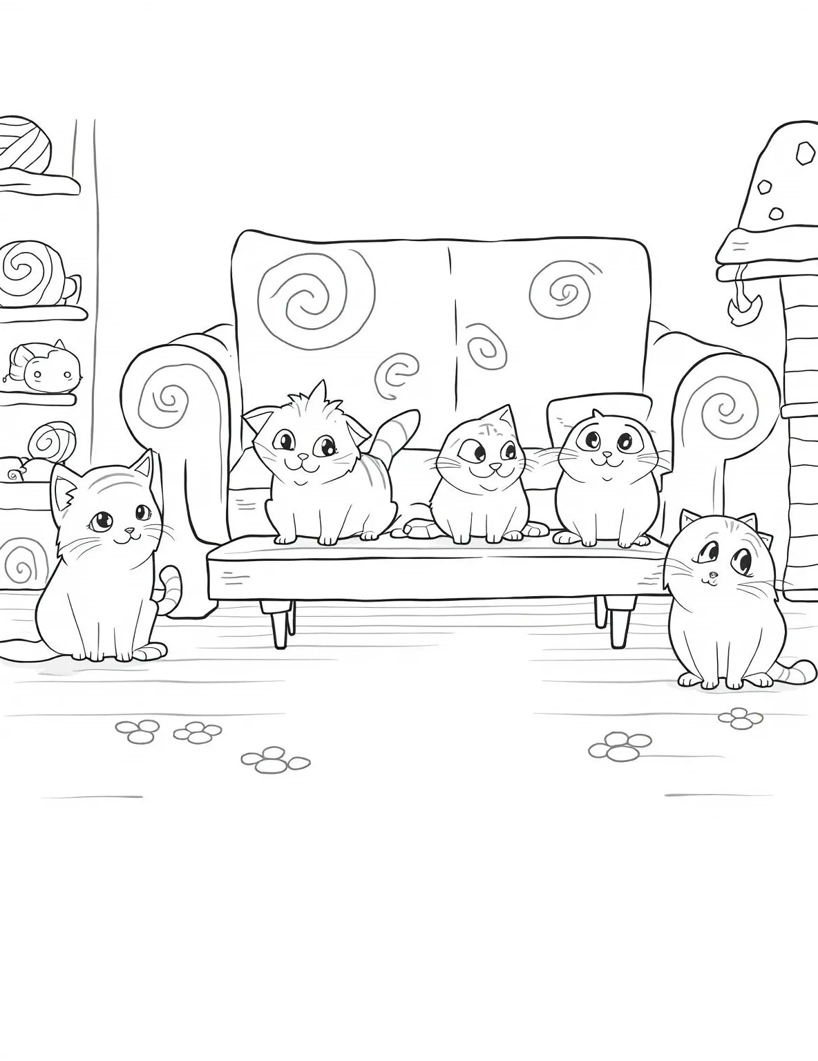 Curious Cats Family Portrait Coloring Page -- prompt: "black lines only Adorable feline family gathering in cozy living room. Persian, Siamese, tabby, and fluffy Maine Coon surround playful orange kitten. Thick, bold outlines define each cat's unique features. Simple shapes and patterns fill furniture. Empty spaces await colorful creativity. Warm, inviting scene ready for artistic expression. flat black lines, premium coloring page, coloring sheet, line drawing, Coloring Book, NO COLOR, NO SHADING, WHITE BACKGROUND. NO GRAY, BLACK AND WHITE, NO COLOR" -- Cat lovers will adore this charming family portrait of curious cats. The page features cats of different sizes and patterns, showcasing the diversity within the feline family. It's a purr-fect opportunity to discuss pet care and responsibility.