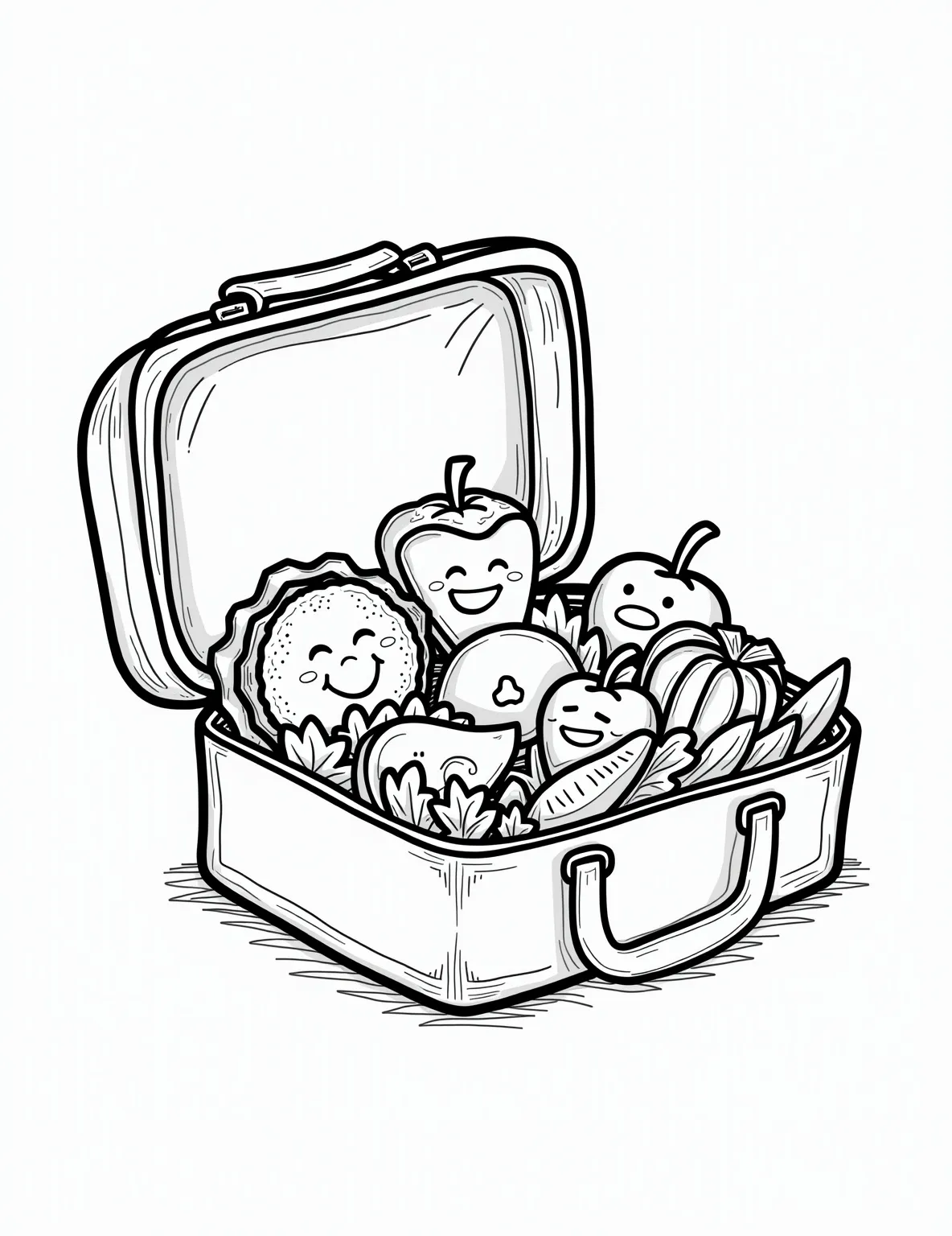 Healthy Lunchbox Heroes Coloring Page -- prompt: "black lines only A cheerful, open lunchbox bursts with colorful compartments, each filled with playful shapes of healthy foods. Smiling fruit faces, zigzag sandwiches, and star-shaped veggies create a delightful scene. Bold outlines invite young artists to bring this nutritious feast to life with vibrant hues. flat black lines, premium coloring page, coloring sheet, line drawing, Coloring Book, NO COLOR, NO SHADING, WHITE BACKGROUND. NO GRAY, BLACK AND WHITE, NO COLOR" -- Pack a nutritious lunch with our Healthy Lunchbox Heroes coloring page! An open lunchbox reveals compartments filled with sandwiches, fruits, vegetables, and healthy snacks. This page is great for discussing balanced meals and encouraging healthy eating habits.