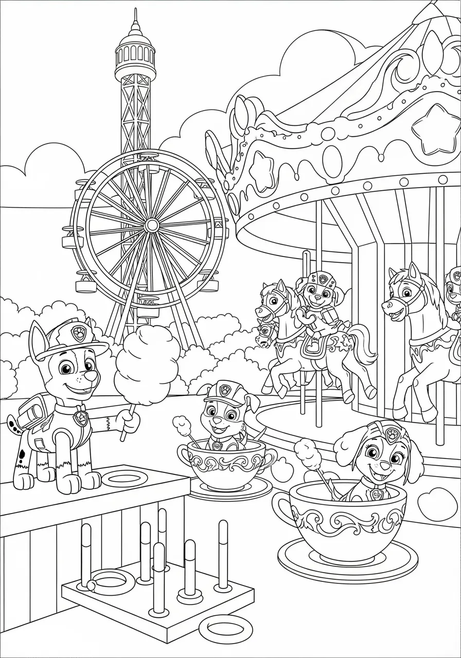 Paw Patrol Pups' Carnival Games and Rides Coloring Page -- prompt: "black lines only Paw Patrol pups riding carousel horses, spinning teacups, and towering ferris wheel with bold outlines, simple shapes perfect for coloring. Chase operates ring toss booth while Marshall enjoys striped cotton candy. Clean black lines on white background. flat black lines, premium coloring page, coloring sheet, line drawing, Coloring Book, NO COLOR, NO SHADING, WHITE BACKGROUND. NO GRAY, BLACK AND WHITE, NO COLOR" -- Step right up and enjoy the magical Adventure Bay Carnival with all your favorite Paw Patrol pups! This festive coloring page features carnival games, rides, cotton candy stands, and the pups having fun throughout the fairgrounds. The lively carnival atmosphere provides countless colorful details to bring to life.