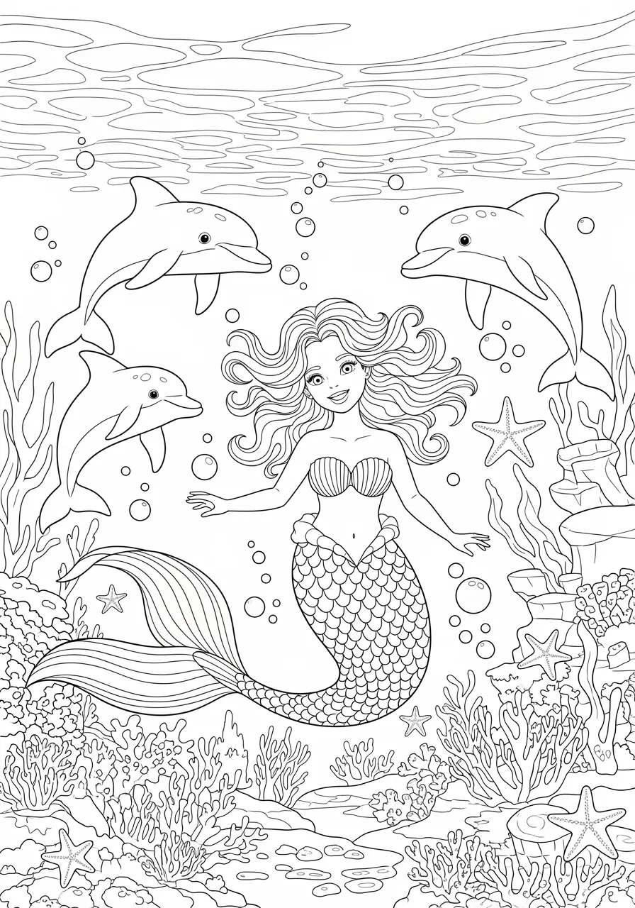 Friendly Mermaid and Dolphin Companions Coloring Page -- prompt: "black lines only Cheerful young mermaid with flowing hair and scaled tail swimming alongside three playful dolphins in crystal clear ocean waters, bold black outlines, simple shapes perfect for coloring, underwater bubbles floating upward, joyful expressions, clean line art style flat black lines, premium coloring page, coloring sheet, line drawing, Coloring Book, NO COLOR, NO SHADING, WHITE BACKGROUND. NO GRAY, BLACK AND WHITE, NO COLOR" -- This heartwarming scene shows a young mermaid playing with her dolphin friends in crystal-clear waters. The playful interaction between the mermaid and dolphins creates a joyful underwater moment. Children will love coloring the smooth curves of the dolphins and the mermaid's cheerful expression.