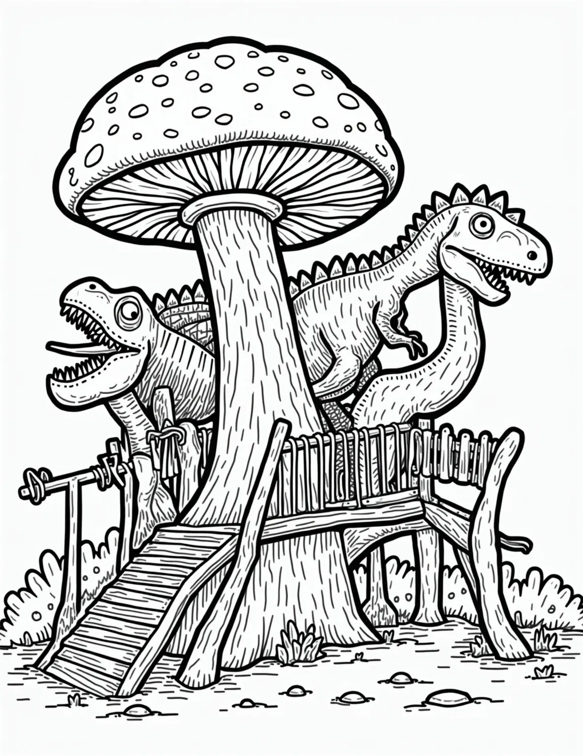 Prehistoric Mushroom Forest -- prompt: "black lines only Prehistoric coloring page: Giant mushrooms with bold outlines tower over delicate ferns. Chunky dinosaur lurks behind, all waiting to be filled with vibrant hues. Thick black lines define each element, creating a fun, engaging scene for aspiring paleontologists to bring to life. flat black lines, premium coloring page, coloring sheet, line drawing, Coloring Book, NO COLOR, NO SHADING, WHITE BACKGROUND. NO GRAY, BLACK AND WHITE, NO COLOR" -- Step back in time to when mushrooms ruled the Earth! This coloring page depicts a prehistoric landscape dominated by giant mushrooms towering over ferns and early plants. A curious dinosaur peeks out from behind a mushroom stem, adding to the ancient atmosphere.