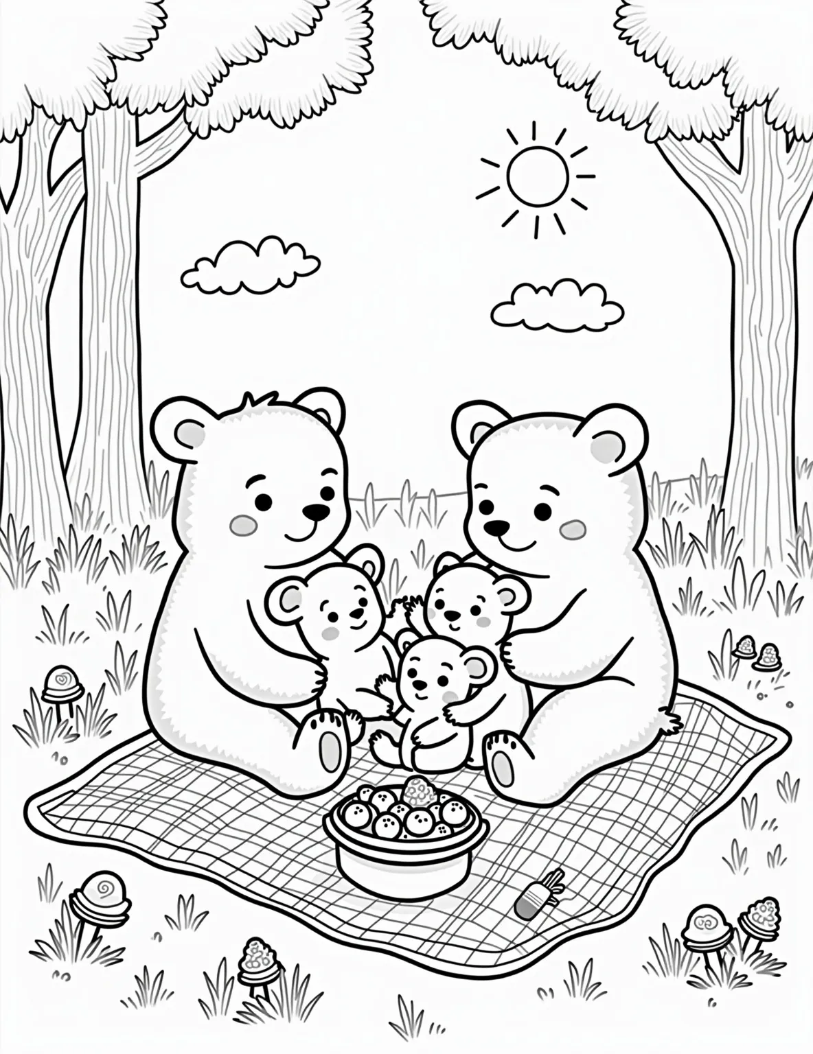 Bear Family's Forest Picnic -- prompt: "black lines only Playful bear family picnic in forest clearing. Papa, mama, and cubs on checkered blanket. Honey pot, fish, berries scattered around. Trees with heart-shaped leaves frame scene. Smiling sun peeks through clouds. Flowers and mushrooms dot ground. Coloring book outlines emphasize fun shapes. flat black lines, premium coloring page, coloring sheet, line drawing, Coloring Book, NO COLOR, NO SHADING, WHITE BACKGROUND. NO GRAY, BLACK AND WHITE, NO COLOR" -- Join a charming bear family for a delightful picnic in this heartwarming coloring page. Mama, Papa, and two cubs are gathered around a checkered blanket spread with an array of treats in a sunny forest clearing. This scene is perfect for young children to color and spark conversations about family time and outdoor activities.