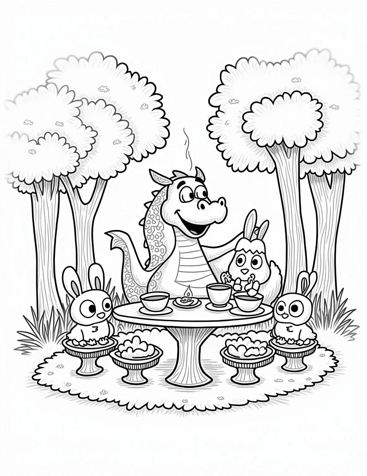 Friendly Dragon's Tea Party -- prompt: "black lines only Cheerful dragon with oversized teapot, surrounded by wide-eyed rabbits, foxes, and owls. Simplified outlines, bold shapes. Forest clearing with mushroom stools, flower teacups. Steaming treats on leaf plates. Thick, smooth lines perfect for coloring. Whimsical scene radiates joy flat black lines, premium coloring page, coloring sheet, line drawing, Coloring Book, NO COLOR, NO SHADING, WHITE BACKGROUND. NO GRAY, BLACK AND WHITE, NO COLOR" -- This charming coloring page features a friendly dragon hosting a delightful tea party in a magical forest clearing. Surrounded by woodland creatures like rabbits, squirrels, and birds, the dragon pours tea from a large teapot into tiny cups. The scene is filled with whimsical details like floating cupcakes and steaming teacups, perfect for sparking imagination and creativity in young colorists.